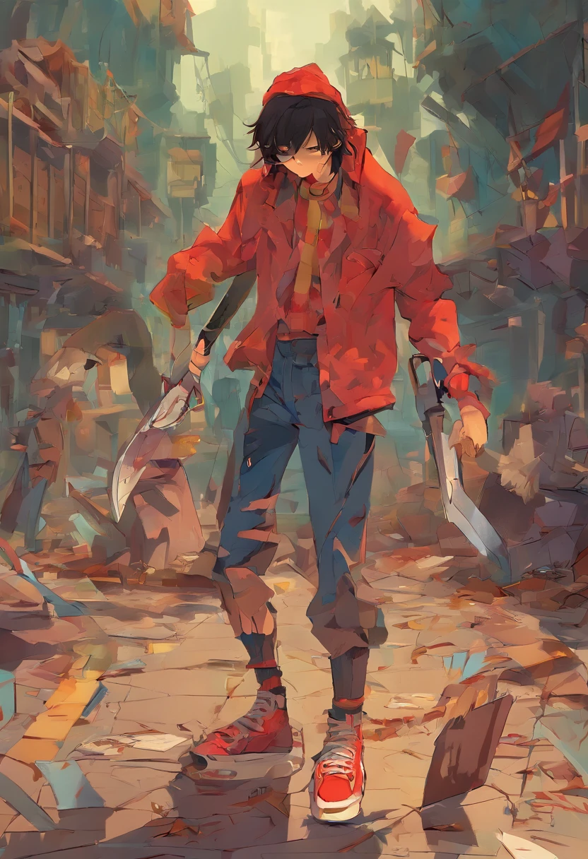 This 19-year-old character has a disturbing and fearful appearance. has brown hair, falling in messy locks on his pale, angular face. His eyes are the most noticeable, ya que son de un azul celeste intenso, casi brillantes, que resaltan en contraste con su piel.
His smile is gloomy and disturbing, llena de dientes filosos, who appear to be more numerous and sharper than normal. Esto le da un aspecto siniestro y amenazador. Viste una sudadera gris, desgastada y manchada, that gives it a scruffy air.
En cuanto a su vestimenta inferior, lleva unos pantalones de mezclilla azul, which also appear to be worn and stained. Sus tenis son negros y desgastados, reflejando la falta de cuidado en su apariencia general.
En su mano, este personaje sostiene un machete ensangrentado, lo que implica un pasado violento o un comportamiento peligroso. Este detalle agrega un elemento adicional de horror y amenaza a su imagen. Esta escena tiene lugar en una calle solitaria durante la noche, lo que crea un ambiente de suspense y misterio. The combination of the character's gloomy appearance, the bloody machete and red-eyed dogs generate a disturbing atmosphere typical of the world of Creepypastas.