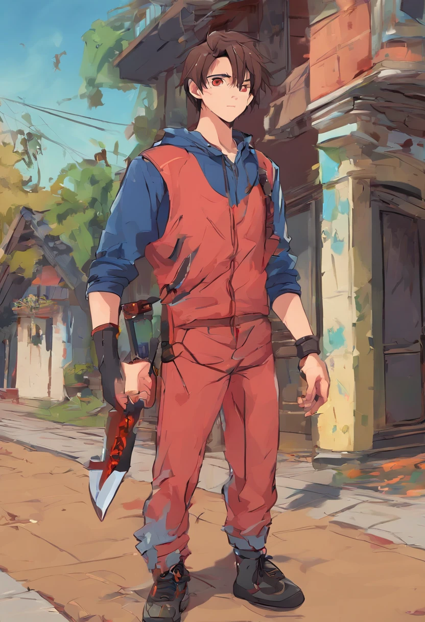 This 19-year-old character has a disturbing and fearful appearance. has brown hair, falling in messy locks on his pale, angular face. His eyes are the most noticeable, ya que son de un azul celeste intenso, casi brillantes, que resaltan en contraste con su piel.

His smile is gloomy and disturbing, llena de dientes filosos, who appear to be more numerous and sharper than normal. Esto le da un aspecto siniestro y amenazador. Viste una sudadera gris, desgastada y manchada, that gives it a scruffy air.

En cuanto a su vestimenta inferior, lleva unos pantalones de mezclilla azul, which also appear to be worn and stained. Sus tenis son negros y desgastados, reflejando la falta de cuidado en su apariencia general.

En su mano, este personaje sostiene un machete ensangrentado, lo que implica un pasado violento o un comportamiento peligroso. Este detalle agrega un elemento adicional de horror y amenaza a su imagen. Esta escena tiene lugar en una calle solitaria durante la noche, lo que crea un ambiente de suspense y misterio. The combination of the character's gloomy appearance, the bloody machete and red-eyed dogs generate a disturbing atmosphere typical of the world of Creepypastas.