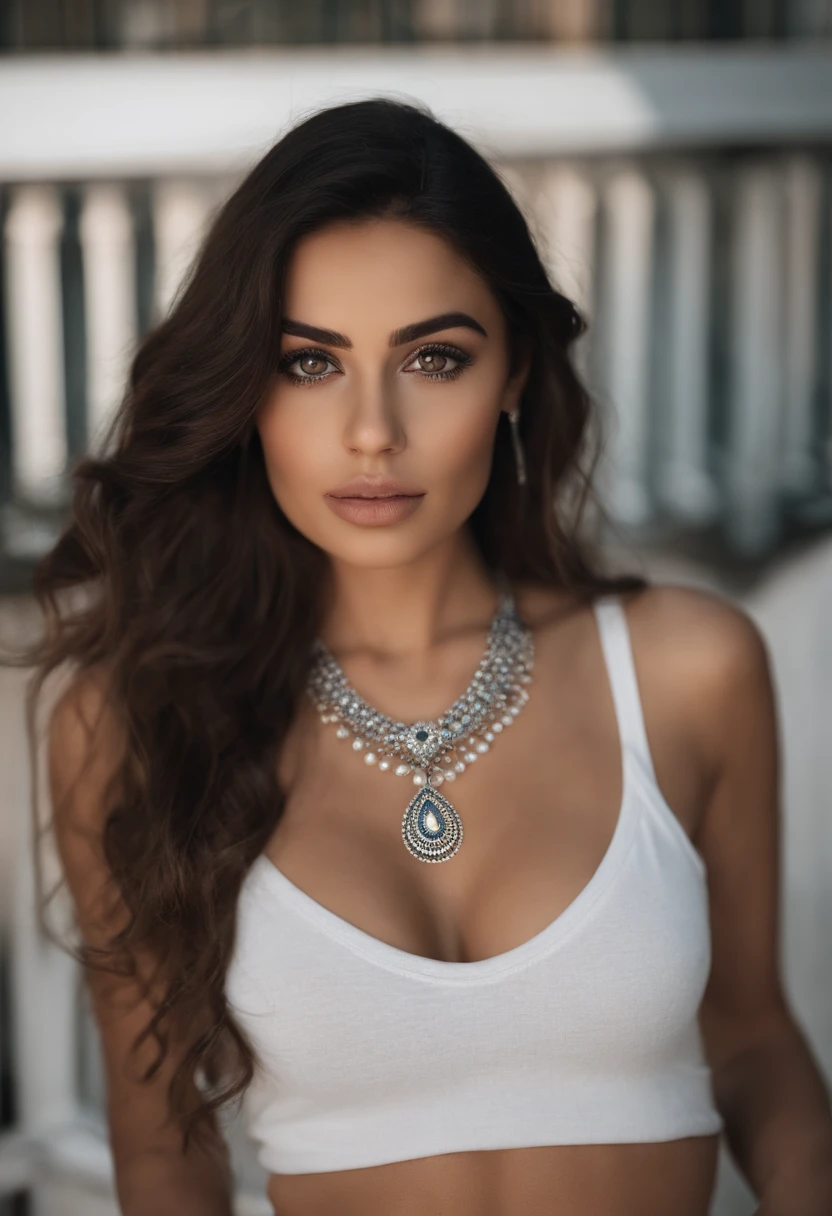Arab woman wearing a white tank top and necklace, Chica sexy con ojos azules, arabic, Retrato Sophie Mudd, brown hair and large eyes, selfie de una mujer joven, Camera eyes, Violeta Myers, sin maquillaje, Maquillaje natural, staring directly into camera, cara con artgram, maquillaje sutil, Gran foto de cuerpo entero, penetrantes ojos azules,Completely naked show her
Mexican