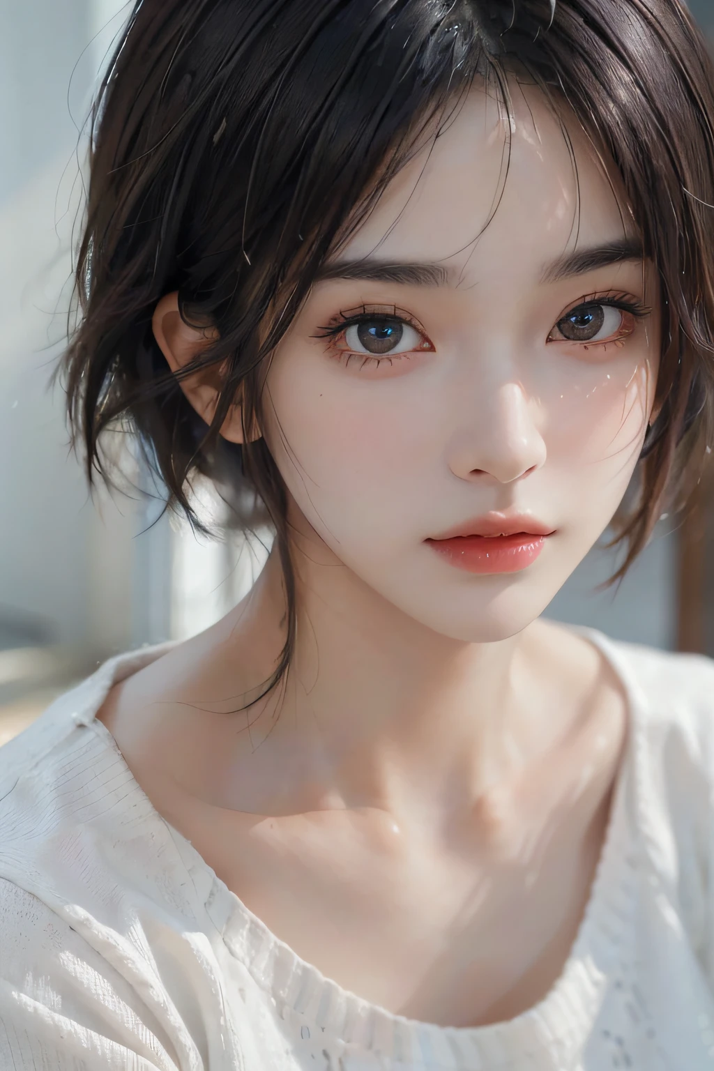 (masterpiece:1.3), (8k, photorealistic, RAW photo, best quality: 1.4), (1girl), beautiful face, (realistic face), (black hair, short hair:1.3), beautiful hairstyle, realistic eyes, beautiful detailed eyes, (realistic skin), beautiful skin, (sweater), absurdres, attractive, ultra high res, ultra realistic, highly detailed, golden ratio