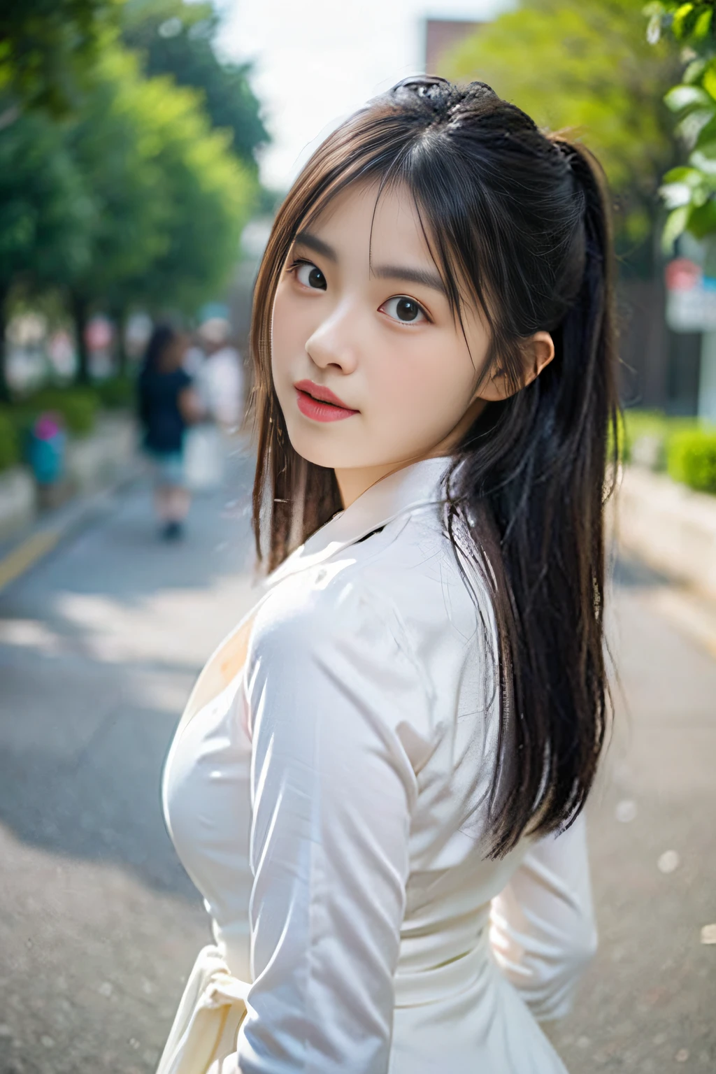 high resolution,
1 beautiful young woman,
(soft saturation:1.3), (fair skin:1.2),
wearing a white clothes,
85mm lens,f/8.0,
background,
gyaru,
brown hair,
medium breasts,
BREAK
(china street:1.3),
1girl, 18 years old, (china dress:1.5), side-tie peek, (china dress:1.5),
double bun and long twin tails, black hair