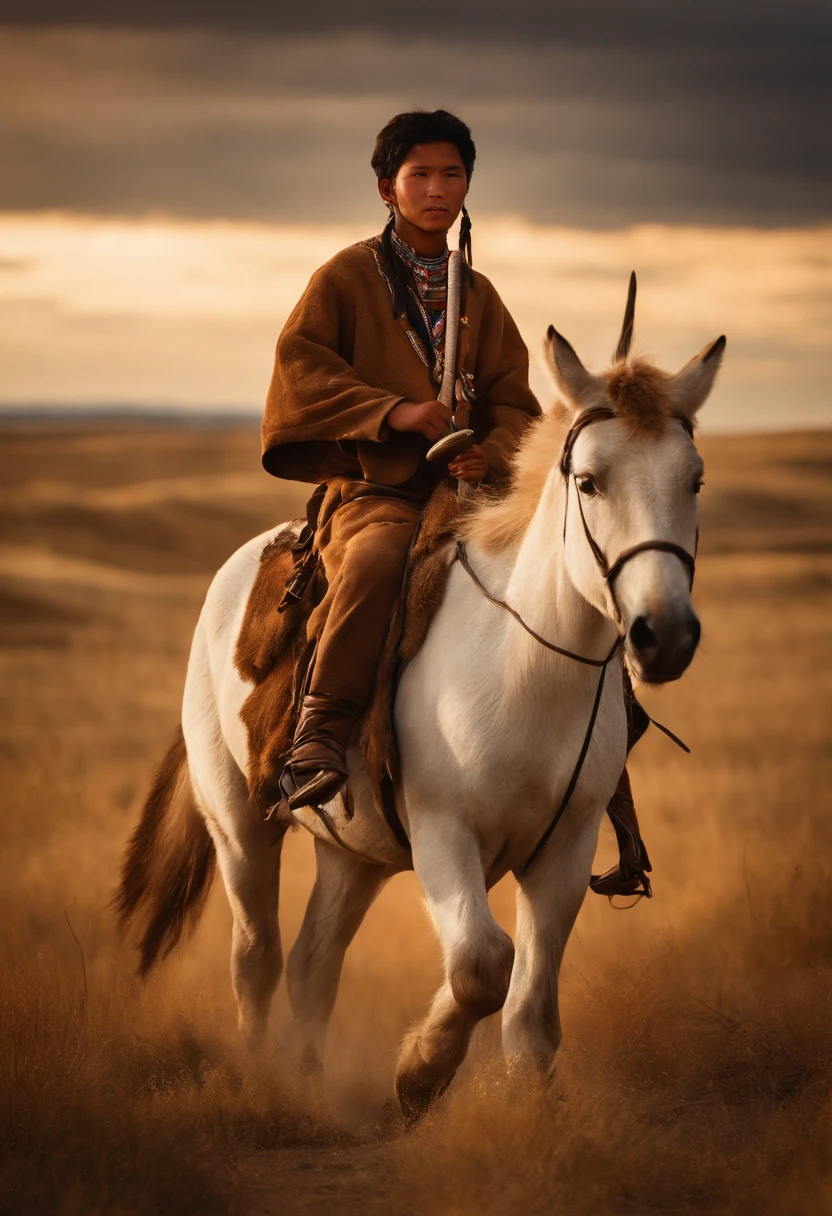 Yamnaya tribesman with a bronze axe riding Przewalski's horse in the Steppes.