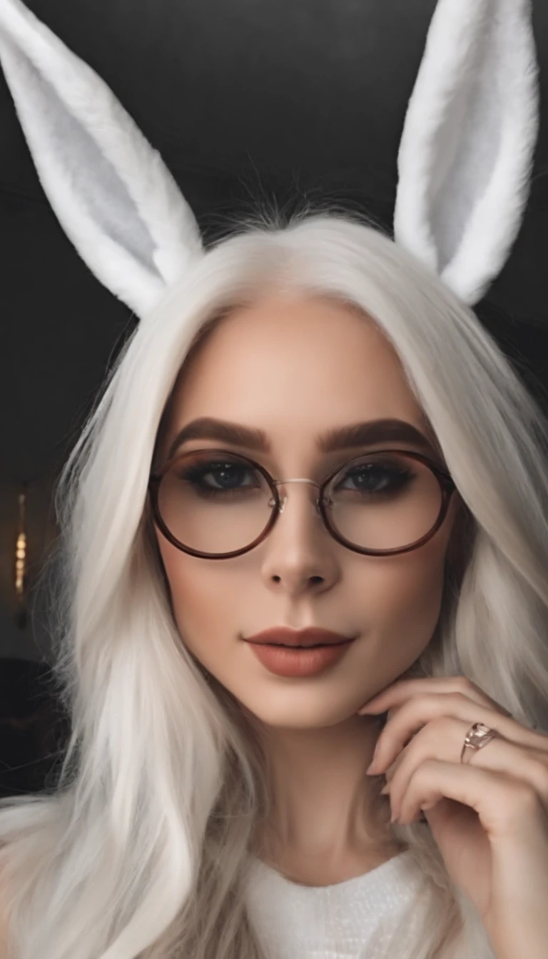 Bunny ears，long whitr hair，wears glasses，white color hair，Shopping