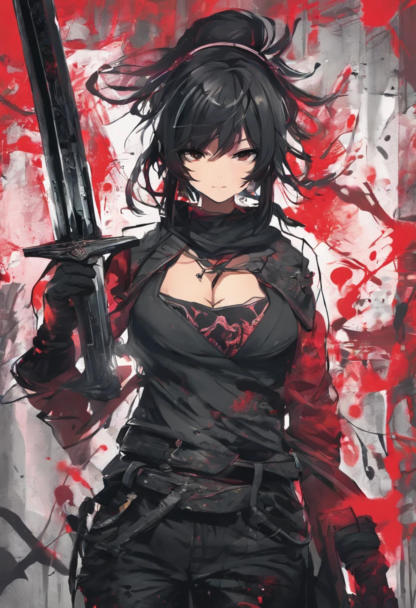 Beautiful ninja, Abdominal injuries, bleeding from the corners of her mouth, textured skin, masterpiece, ccurate, anatomically correct