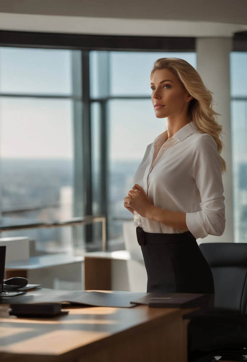 professional, (4k photo:1.1), (Sharp focus:1.3), high detail, wearing business clothes, beautiful detailed face, hazel eyes, blonde hair, body shape, office board room with desk, windows with barcelona views