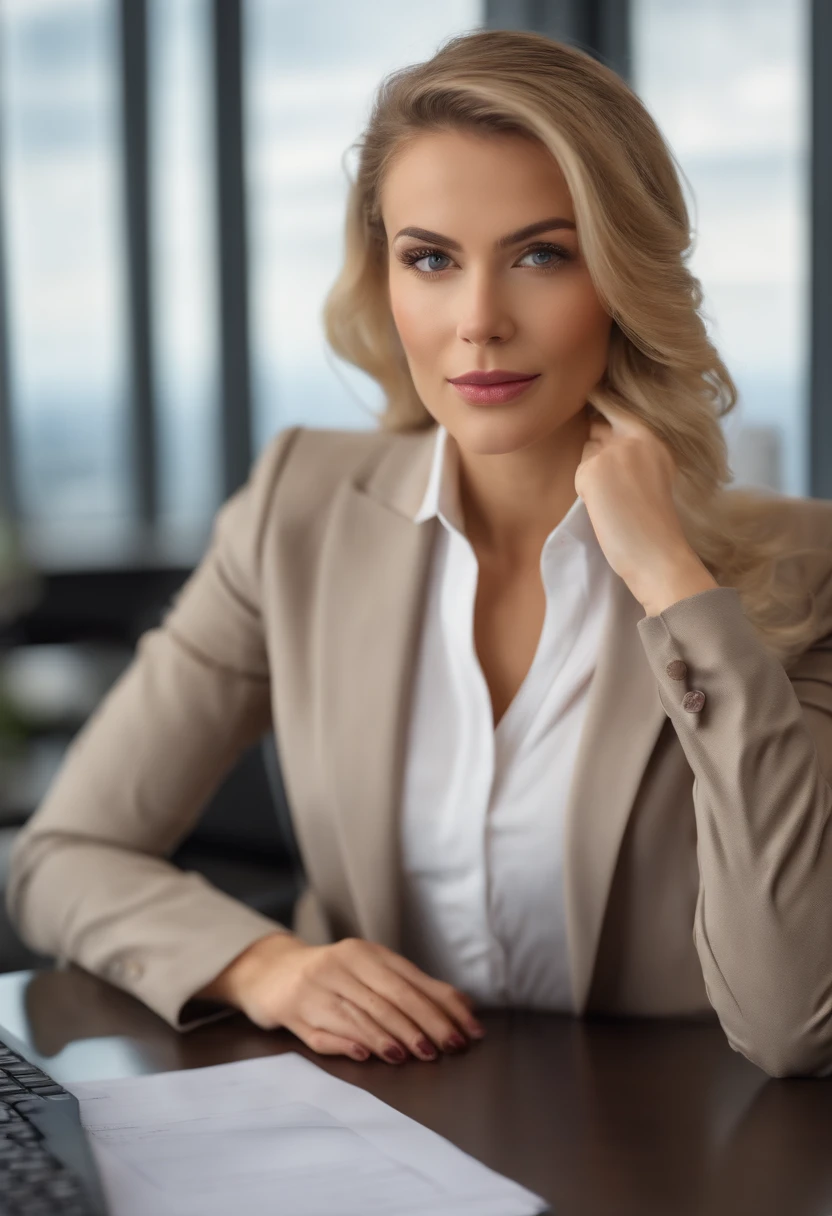 professional, (4k photo:1.1), (Sharp focus:1.3), high detail, wearing business clothes, beautiful detailed face, hazel eyes, blonde hair, body shape, office board room with desk, windows with barcelona views