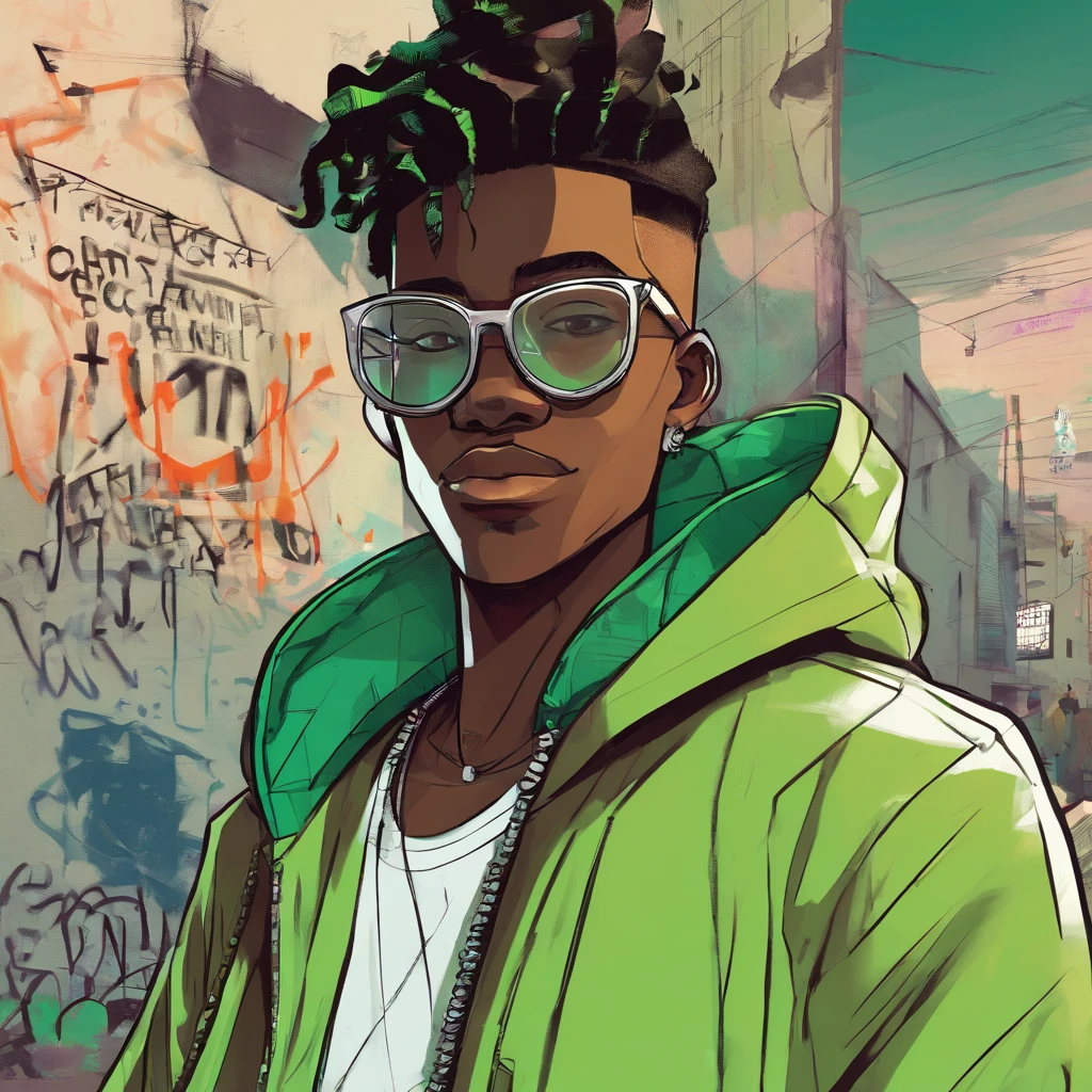 dark skin ager wearing half rimmed glasses, wore an unzipped, bright green jacket with a closed pocket flap on each side. Black designer shirt, and a cross necklace. surban streets with graffiti on the walls, Hi-top fade, flat top hairstyle, faded haircut, smiling.