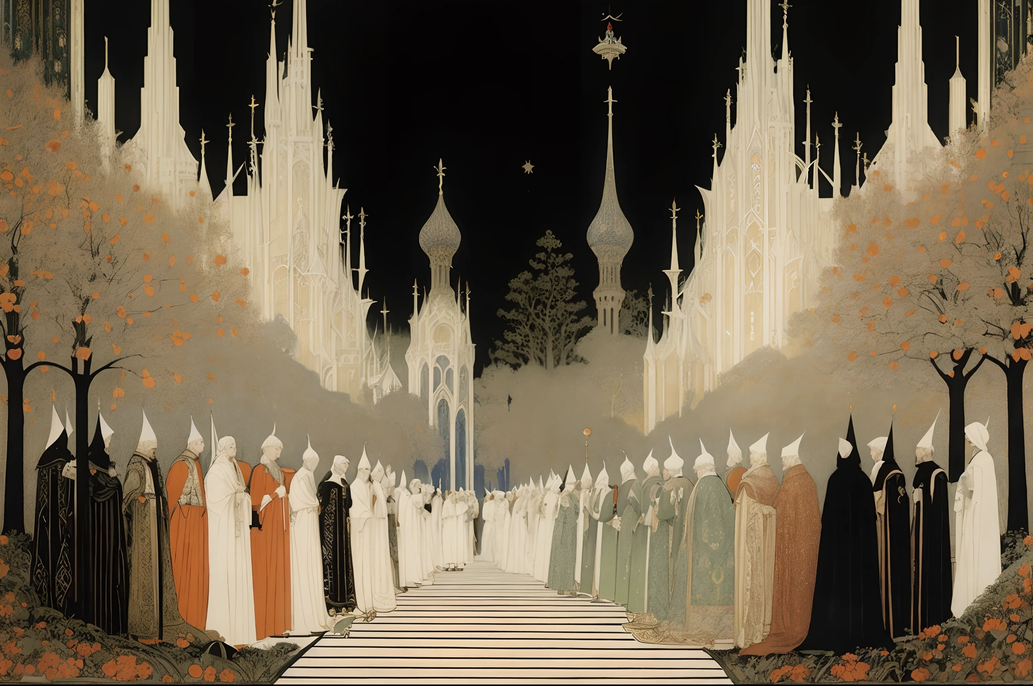 There are many people lining up in front of a castle, Kay Nielsen e Wadim Kashin, Sergey Zabelin, Apollinaris Vasnetsov, Directed by: Kay Nielsen, Vasnetsov, Directed by: Illarion Pryanishnikov, inspirado em Ivan Bilibin, Sergey Vasnev, Estilo de Carlos Schwabe, por Apollinary Vasnetsov