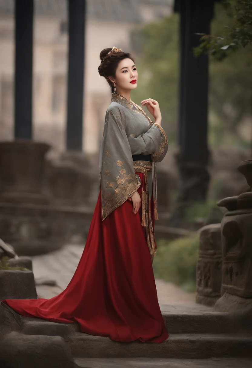 Very detailed CG unity 8k wallpaper, (masterpiece), (best quality), (ultra detailed), (ultra realistic), (best character detail: 1.36), nikon d750 f/1.4 55mm, dynamic angles, professional lighting, Photon mapping, radiosity, physically based rendering, outdoors, busy street, looking at viewer, blushing, 1girl, mature woman, mature woman, tall body, golden ratio,(Kpop idol),(oil skin:1.2),( Oil skin:1.1), makeup,[:(high detailed face:1.2):0.2]:,PureErosFace_v1, ((curly gray hair and delicate style)),(aegyo sal:1),(puffy eyes),( Eyelashes: 1.1), (lips: 1.1), red lipstick, wide shoulders, (mid chest: 1.1), (cleavage: 1.1), animal ears, (big butt: 1.2), thighs, silk coat, Song Dynasty, Song Dynasty, Song suit