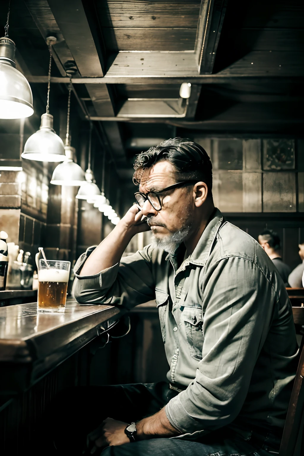 guttoepic2, Capture a vintage-style photograph of a man wearing glasses, looking ((sad and discontent)), with tears in his eyes, sitting alone at an English pub counter, holding a beer. Pay attention to (((intricate details))) to convey the depth of his emotions. Achieve (((extreme quality))) in recreating the vintage atmosphere of the pub. Create a (((complex composition))) that highlights the man's isolation and despair. Use a subdued color palette to enhance the vintage mood. Refer to artists like Dorothea Lange, Walker Evans, and Robert Frank for inspiration.