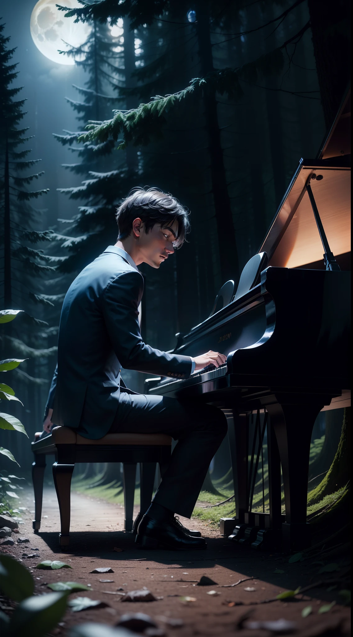 A pianist playing on a keyboard he's back for the photo and you can't see his face and in the background a beautiful forest at night with the blue moon of 4k quality