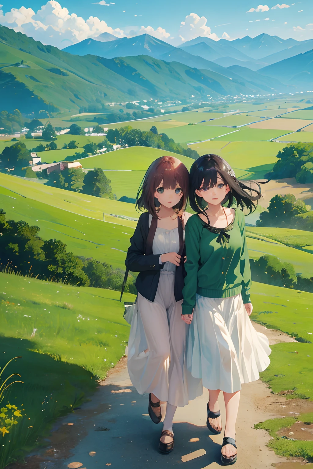 2 chicas anime, de espalda, viendo el paisaje, hermoso, green mountains, campo, hojas volando, brisa, wallpaper, amor
