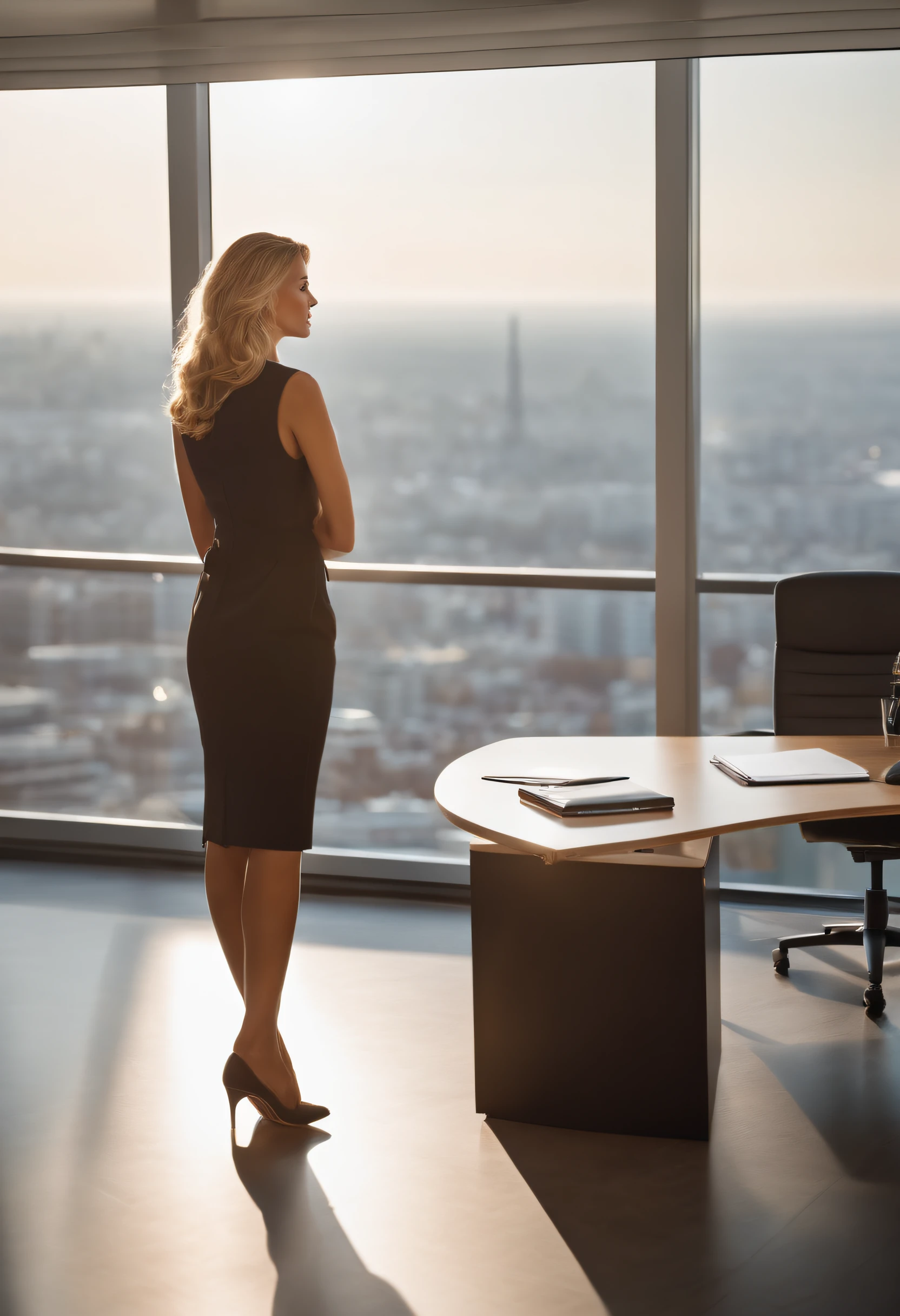 professional, (4k photo:1.1), high detail, wearing business clothes, beautiful detailed face, hazel eyes, not too long blonde hair, body shape, office board room with desk, windows with barcelona views