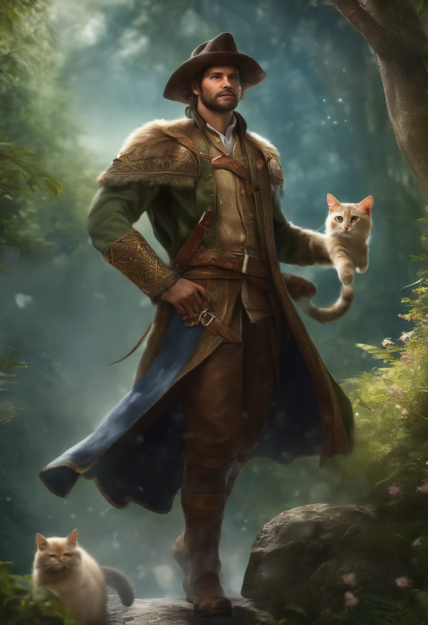 "Imagine an RPG adventure scene of mythological proportions: Em um reino de pura magia e maravilhas, um gato aventureiro com pelagem branca como a neve, veste uma roupa espetacular de aventureiro, completa com um manto enfeitado e botas ornamentadas. Ele carrega uma mochila nas costas, full of brilliant magic potions, pergaminhos antigos, Adventure items and legendary artifacts. Com um olhar corajoso e decidido, This fearless adventurous cat embarks on a transcendental journey through an endless expanse of perfectly detailed lawns, where every blade of grass is a work of art and the dewdrops shine like captured shooting stars. Your appearance, com a mochila repleta de maravilhas, suggests a hero ready to take on epic challenges. The aura emanated by this feline hero transcends any description, filling the scene with an overwhelming sense of pure happiness and vitality, as if life itself blossomed in his presence. Num reino exuberante da natureza, He is an incarnate deity, an intrinsic and majestic part of this magical realm, an embodiment of the splendor that surrounds him. There are no traces of humans, apenas o gato aventureiro, The very incarnation of life, and the traced lights that give this RPG scene unparalleled magic, A true magical epic that surpasses any frontier of the imagination."