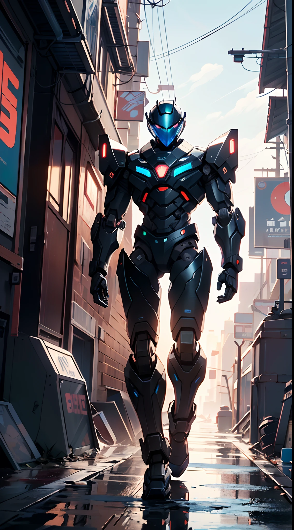 Imposing black plastic metal android robot,three meters tall and with a minimalist design that highlights its marked metallic musculature. His head is smooth and adorned with RGB lights that highlight his uniqueness and futurism.
He carries a metal backpack on his back that contains drones,turrets,and firearms. The backpack has spidery legs that allow it to move quickly.
Although most of his body is a deep,glossy black,there are orange,purple,and blue details that highlight his striking,futuristic design. It is undoubtedly an impressive creation that does not go unnoticed.
(((muscular))),hypermuscle, hyper muscles,carbon robot,humanoid robot, robot, robot joints, joints, helmet, armor, head-mounted display,(((robot with minimalist design))),
(dynamic pose:1.0),solo focus,(centered,scale to fit dimensions,Rule of thirds),
cyberpunk city by the ocean at night, with bright neon signs and dark stormy clouds and puddles, scenery:1.25,
artistic photography,(photography taken by sldr),highres, sharp focus, (ultra detailed, extremely detailed), (photorealistic artwork:1.37),(extremely detailed CG unity 8k wallpaper),((synthwave background theme)),(((vibrant colors))),(intricate background),(masterpiece),(best quality),