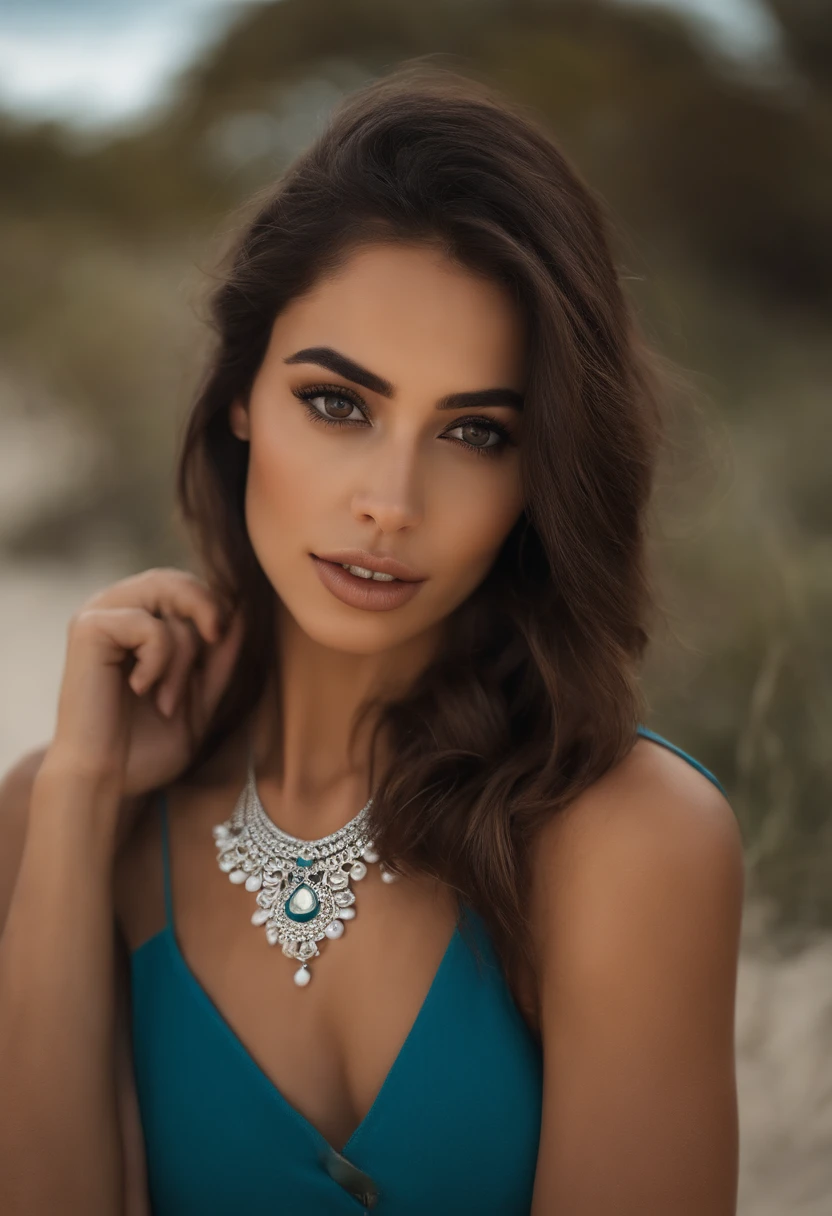Arab woman wearing a white tank top and necklace, Chica sexy con ojos azules, arabic, Retrato Sophie Mudd, brown hair and large eyes, selfie de una mujer joven, Camera eyes, Violeta Myers, sin maquillaje, Maquillaje natural, staring directly into camera, cara con artgram, maquillaje sutil, Gran foto de cuerpo entero, penetrantes ojos azules,Completely Nude Show Mexican and Full Body. de chica y tenga traje. And that is on the beach.