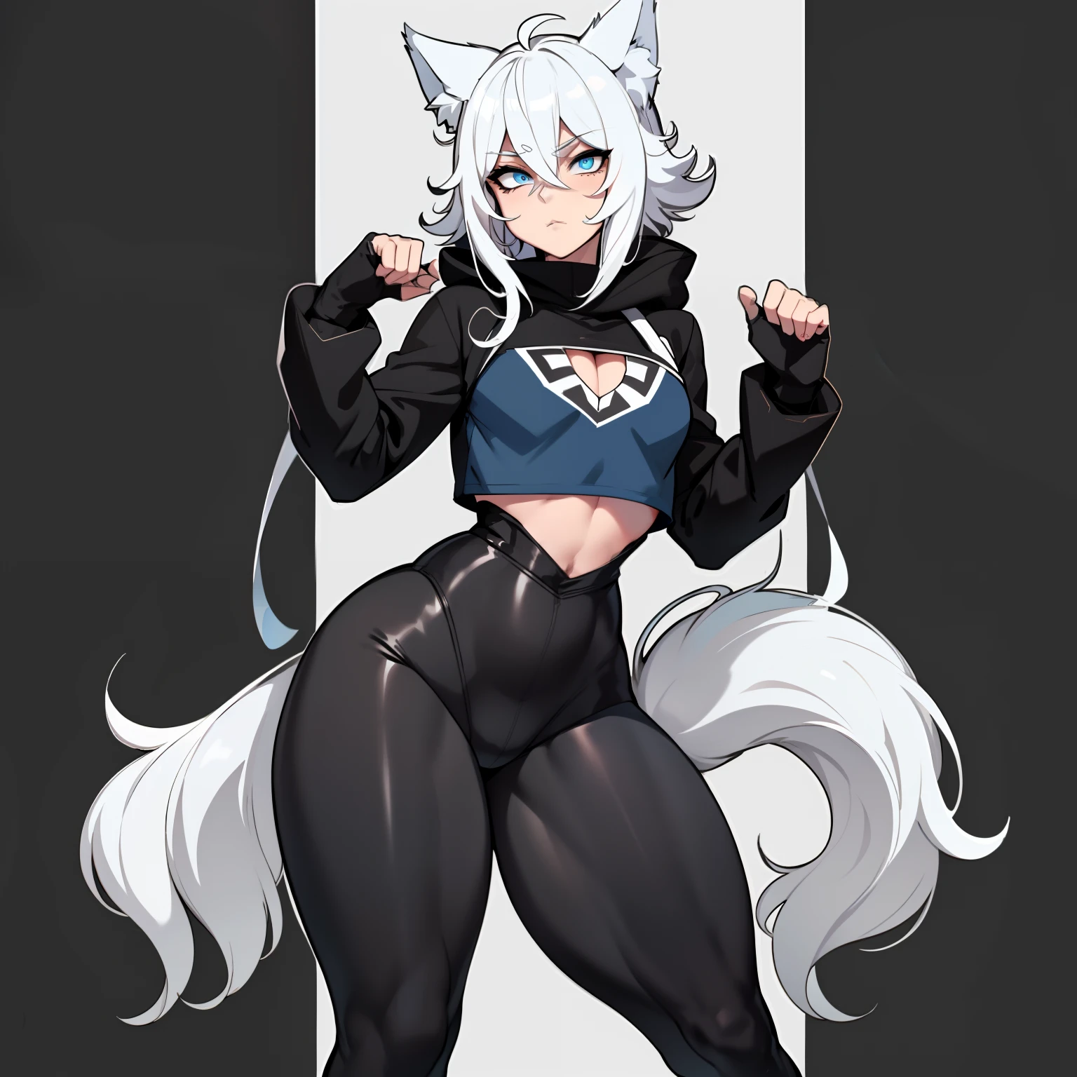 Single boy, Anime Femboy, Short, Long white hair, wolf ears, wolf tail, blue eyes, black combat boots, flat chest, super flat chest, solo femboy, only one femboy ((FLAT CHEST)), wide hips, thicc thighs, happy, crotch bulge (CROTCH BULGE), yoga leggings, wearing cropped black hoodie, solo, alone