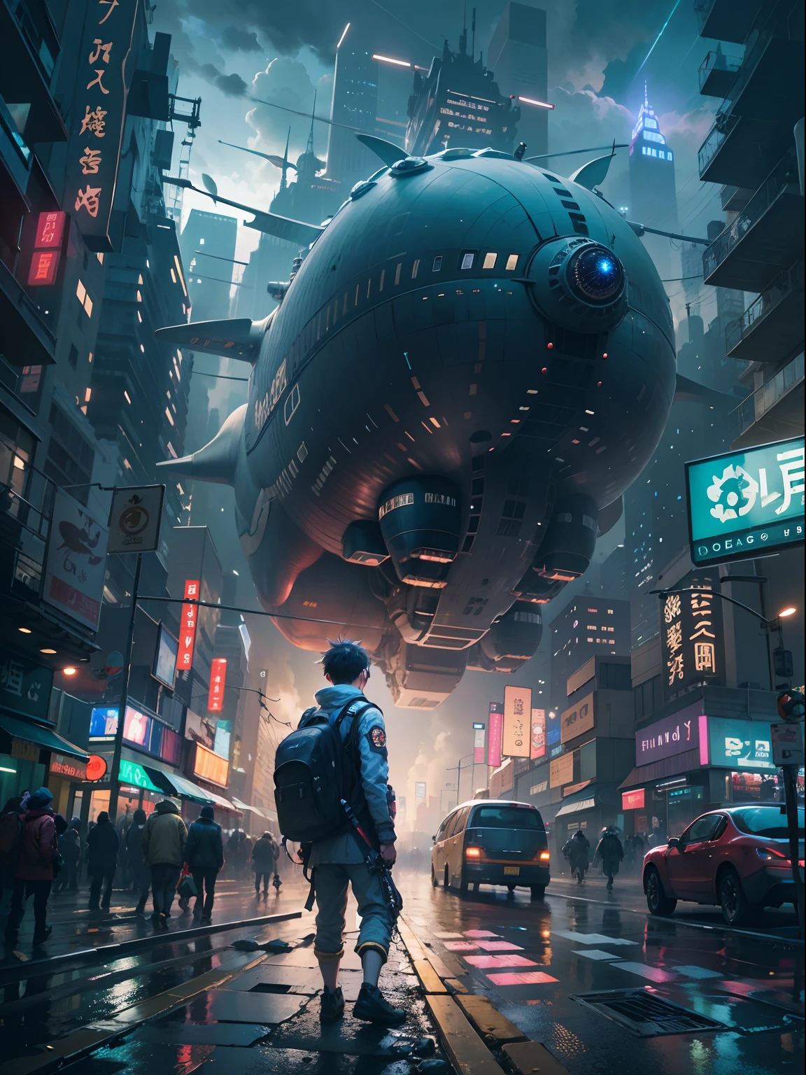 1boy,、Cyberpunk Boy、katanas,machine gun、Whole body bloody、The beginning of the adventure、Lots of clouds,heavy fog、starrysky、Moon,Chaotic city of the future、Movie dystopia、(Giant airship:1.5)、A group of very tall skyscrapers stands in the center、Very complex cityscape,Crowded Chinese skyscrapers、street signs、streetlights、taxis、buses、Train、Blue lighting,Dark road、puddles、Chaotic、Beautiful and fantastic scenery、Cinematic scenery、hightquality、masutepiece,in 8K、hight resolution、