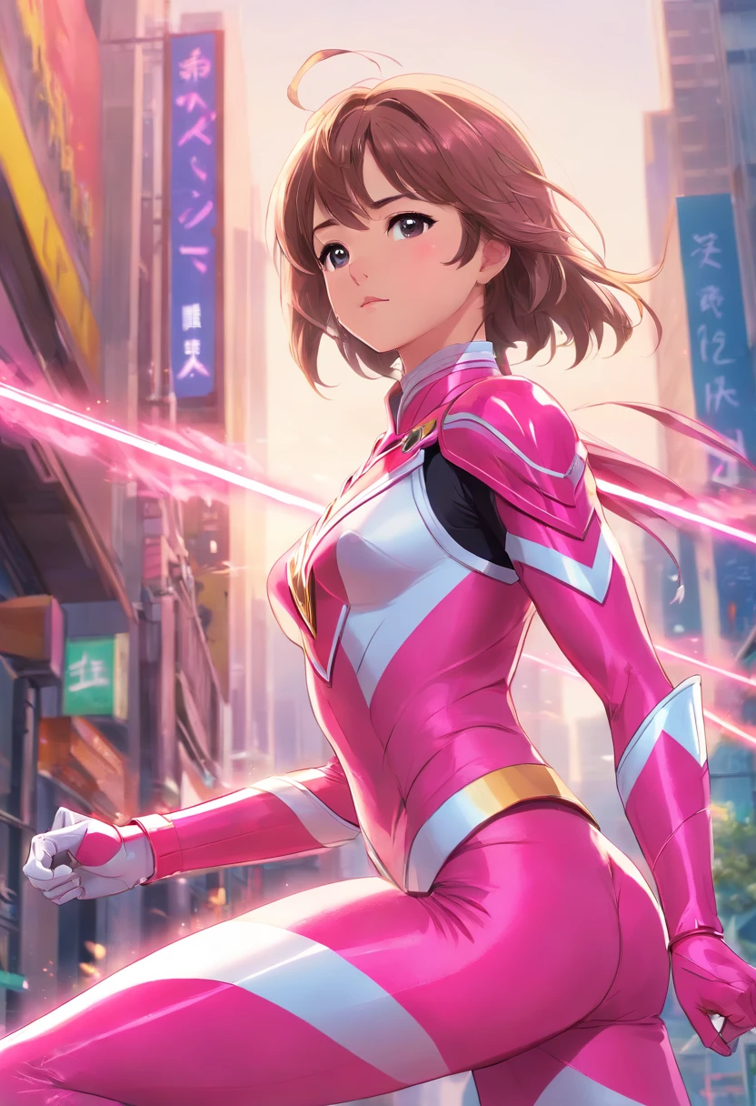 1female, Pink Ranger, Pink armor, Pink Power Ranger, golden stripes, Ultra HD, photo realism
