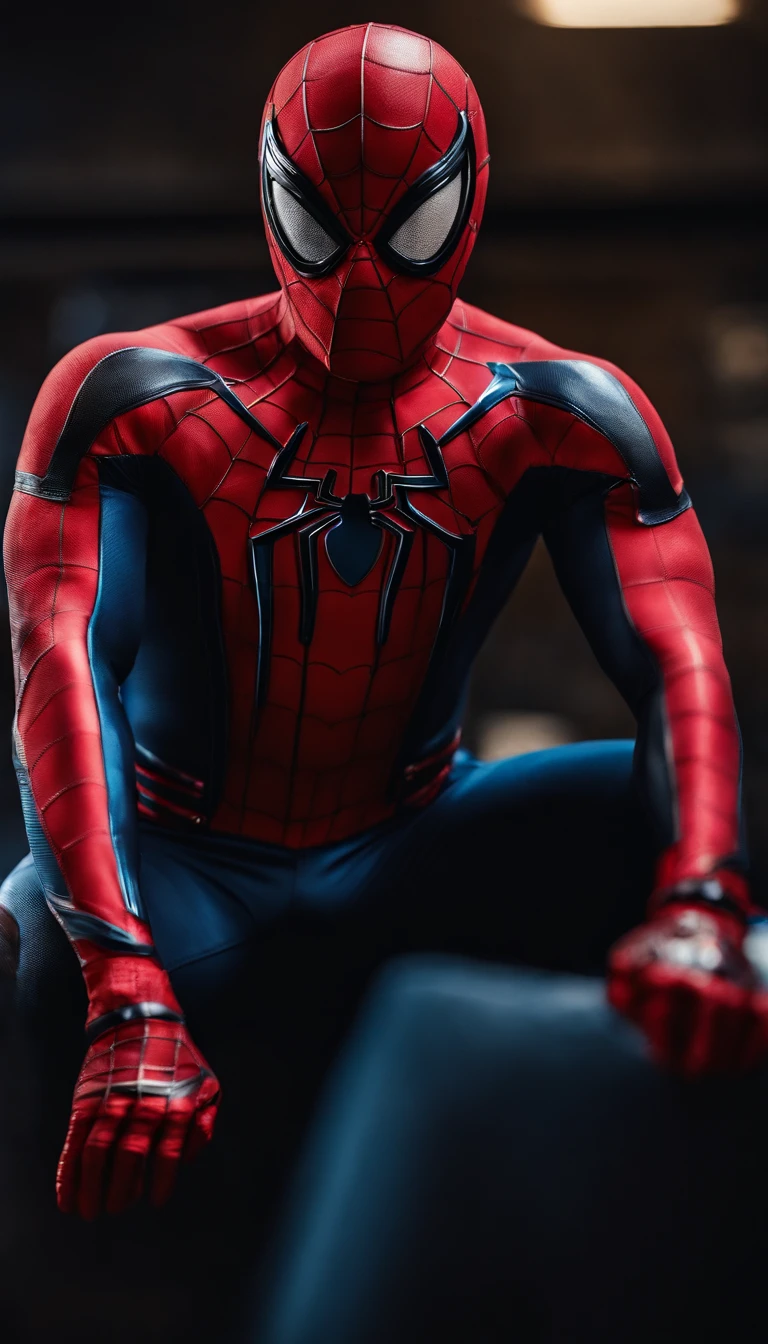 Create spiderman images, wearing the mask, hot without clothes, wearing only underwear, holding his member (penis) hard squatting masturbating