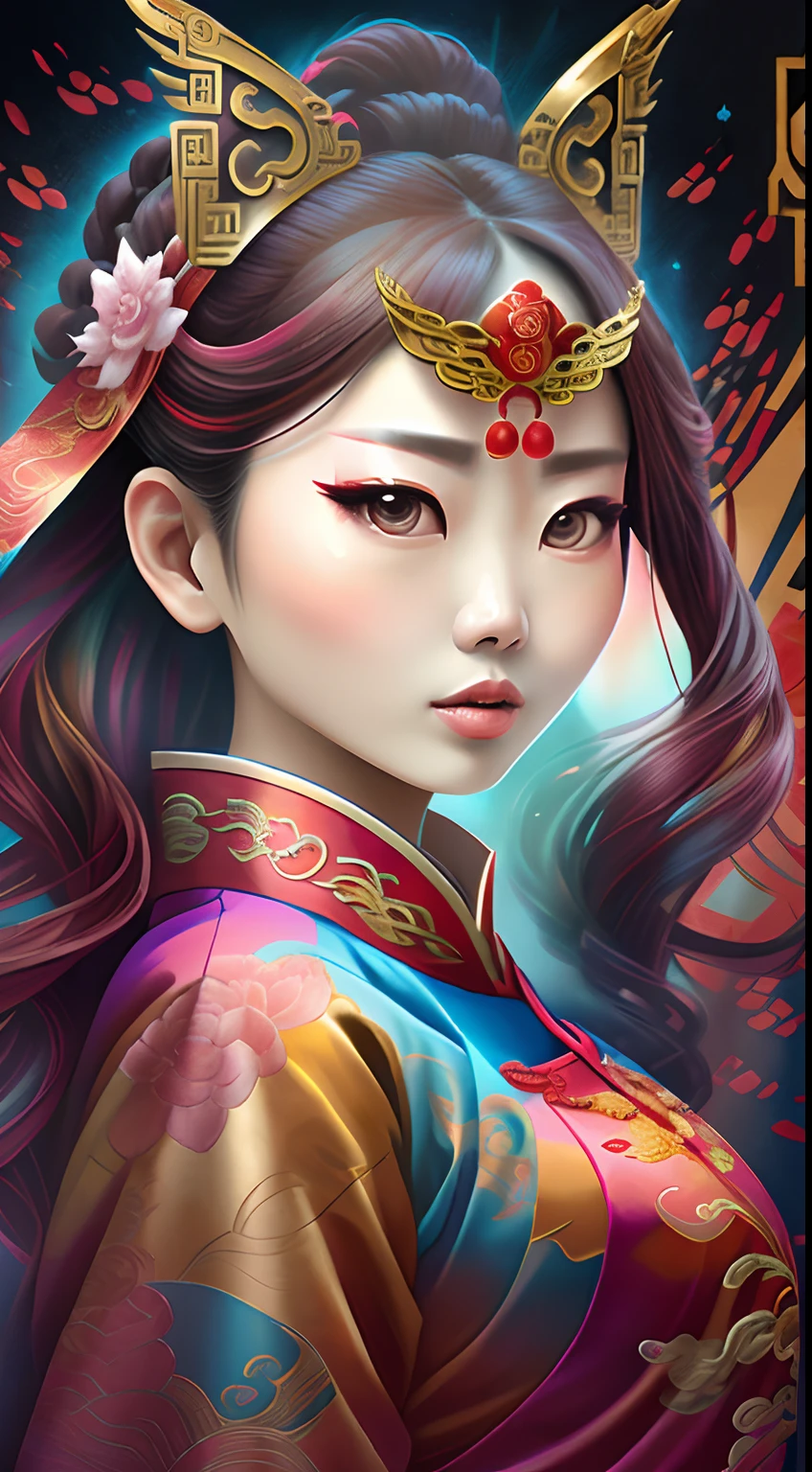 (A woman in a Peking Opera costume),(Best posture),(best angle), (Better expression), Eduardo Kobra Acorjo Amento ,Multidimensional geometric wall portrait, Artistically, tchibi,
yang08k, big breasts beautiful, Coloring,
Major works, SuperiorQuality, best qualityer, offcial art, Beautiful and aesthetic, colorfulhair, parfait