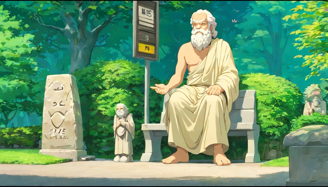 pintura realista,((Stone statue of Socrates)),Waiting for the bus in Totoro and the bus stop