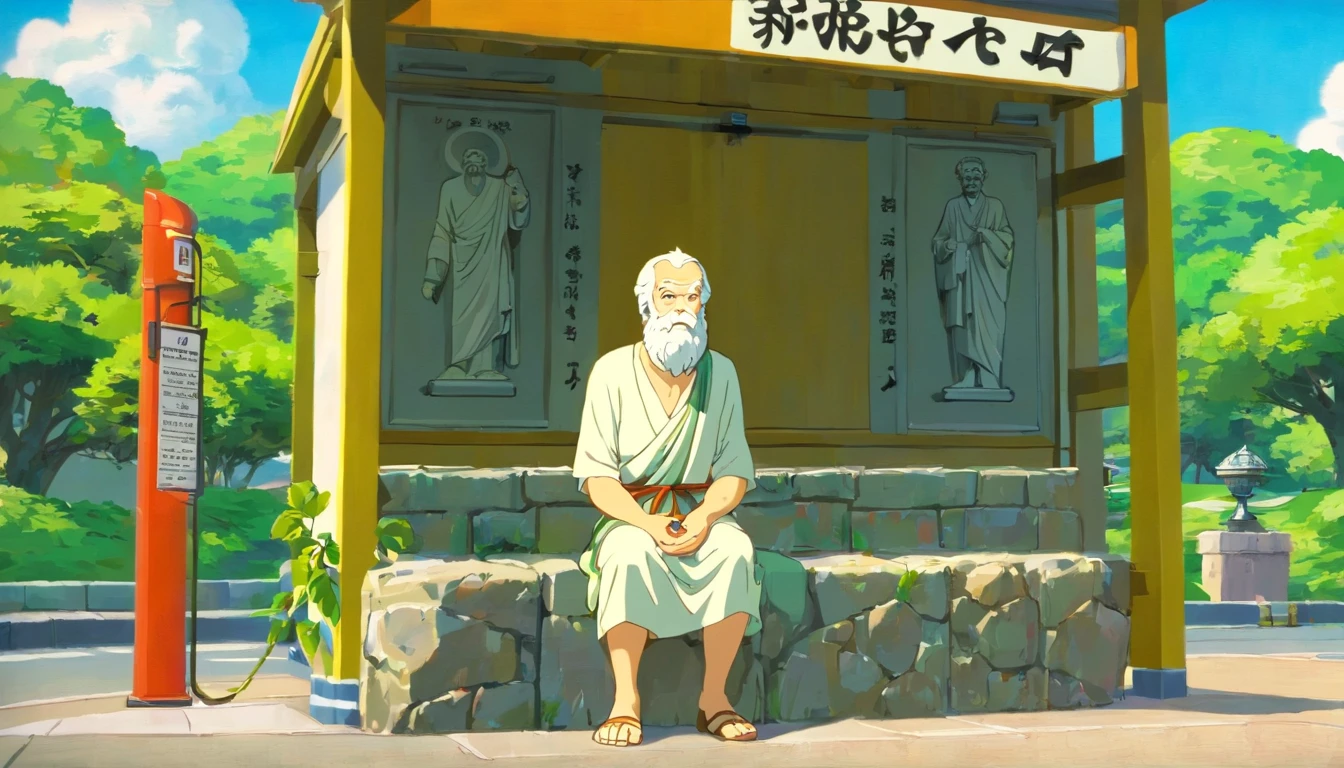 pintura realista,((Stone statue of Socrates)),Waiting for the bus in Totoro and the bus stop