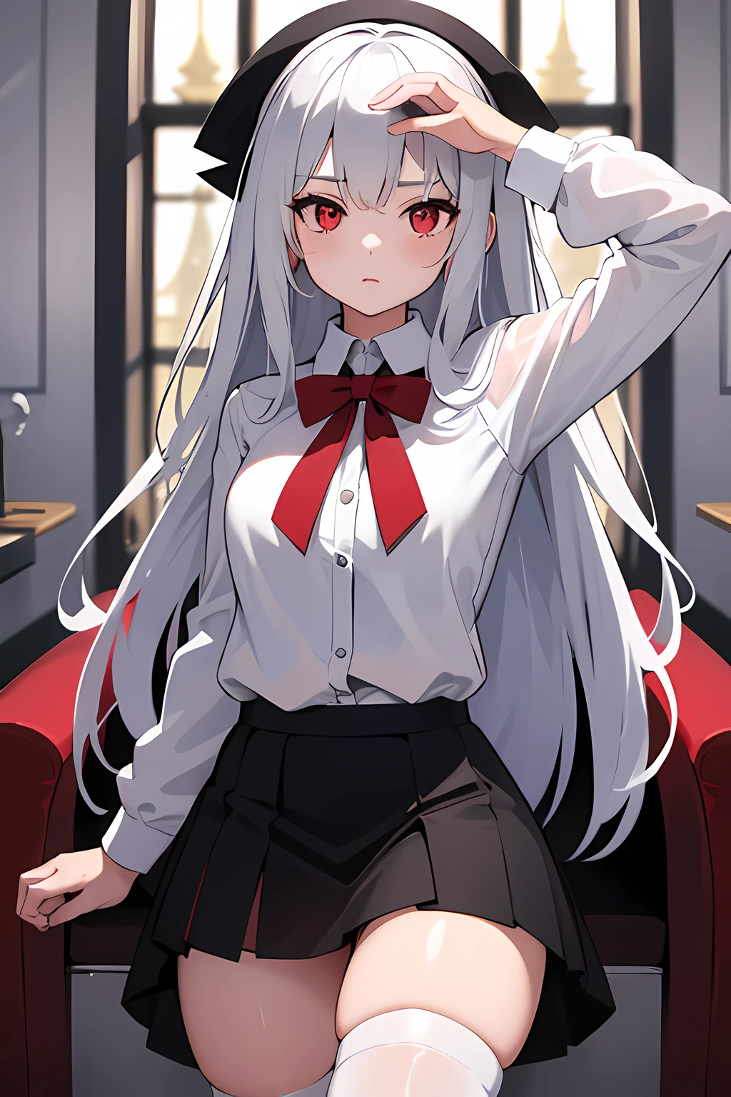1girl, long silver hair, red eyes, wearing white button shirt, black skirt, white thigh highs, high res, 8k, looking at viewer