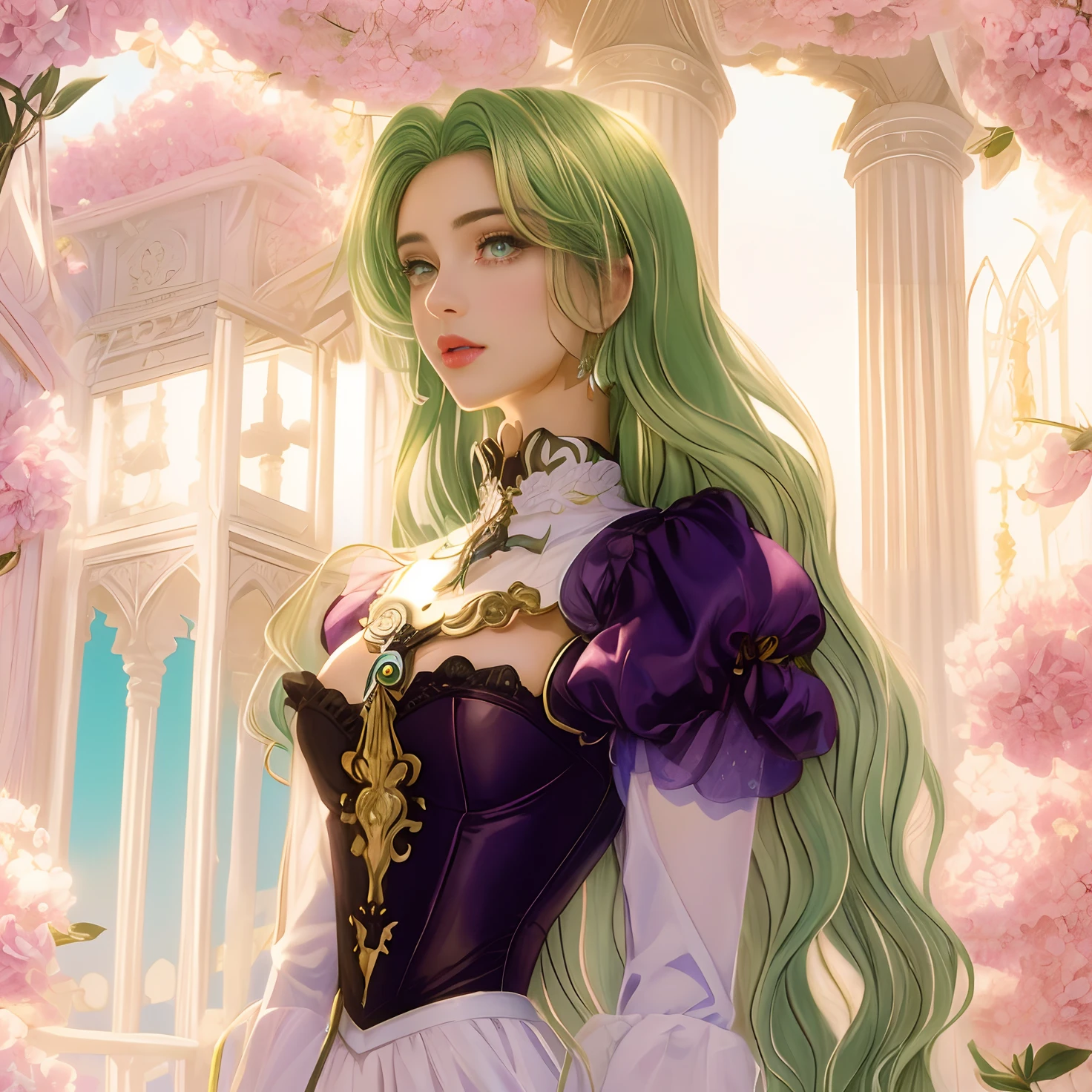 (Obra maestra:1.2, La mejor calidad), (imagen anime, Detalles intrincados), 1lady, solamente, Parte superior del cuerpo, Casual, Cabello largo y violeta, cara blanca, ojos grandes y verdes, pink lipstick, Cara de cerca, dulce, ojos verdes, cabello largo y trenzado