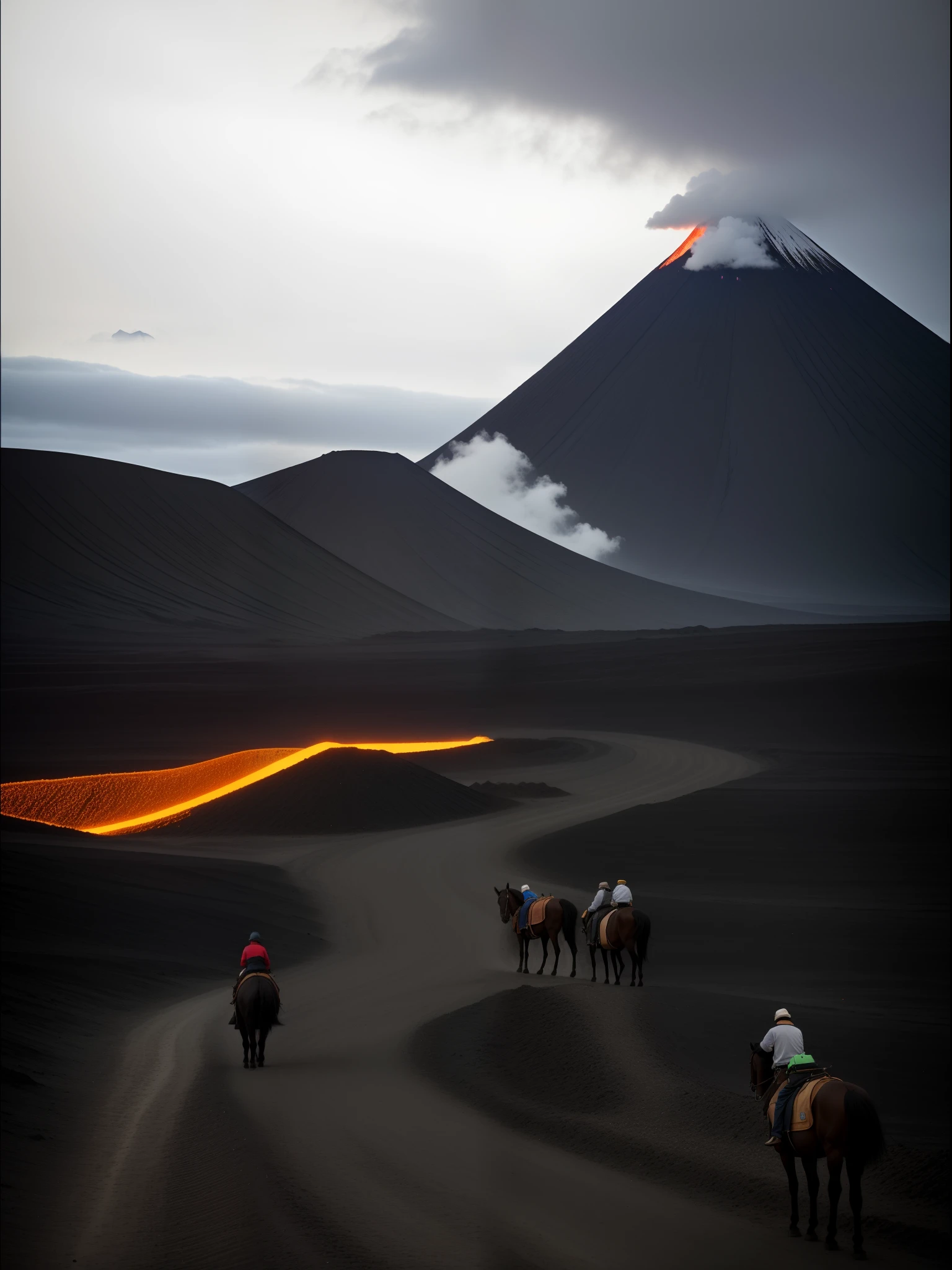Two men led their horses down a dirt road, in volcano, volcano landscape, black volcano afar, in volcano, In the volcano, active volcano, volcano landscape, iceland photography, eftir Þórarinn B. Thorlaksson, Hellscape, dark volcano background, Beautiful dark landscape, Volcanic embers, author：Johannes Voss