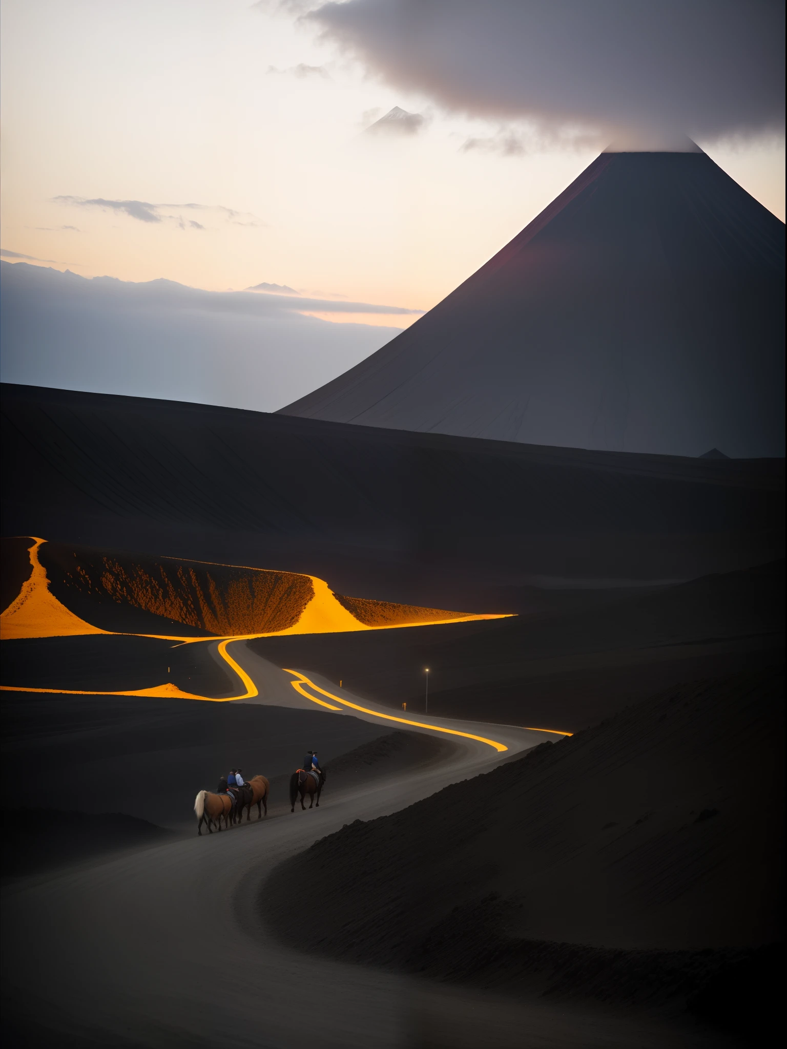 Two men led their horses down a dirt road, in volcano, volcano landscape, black volcano afar, in volcano, In the volcano, active volcano, volcano landscape, iceland photography, eftir Þórarinn B. Thorlaksson, Hellscape, dark volcano background, Beautiful dark landscape, Volcanic embers, author:Johannes Voss