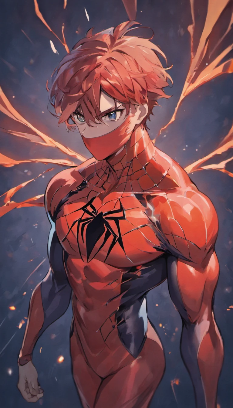 Homem aranha,realista,hiper realismo, Athletic muscle,com o trage vermelho e azul saturado com textura. E uma jaqueta por cima do traje