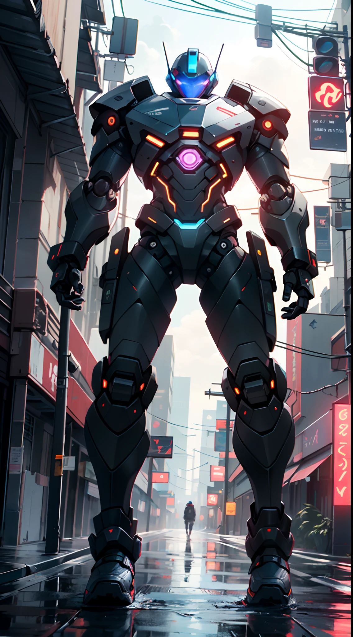Imposing black plastic metal android robot,three meters tall and with a minimalist design that highlights its marked metallic musculature. His head is smooth and adorned with RGB lights that highlight his uniqueness and futurism.

He carries a metal backpack on his back that contains drones,turrets,and firearms. The backpack has spidery legs that allow it to move quickly.

Although most of his body is a deep,glossy black,there are orange,purple,and blue details that highlight his striking,futuristic design. It is undoubtedly an impressive creation that does not go unnoticed.

(((muscular))),hypermuscle, hyper muscles,carbon robot,humanoid robot, robot, robot joints, joints, helmet, armor, head-mounted display,(((robot with minimalist design))),

(dynamic pose:1.0),solo focus,(centered,scale to fit dimensions,Rule of thirds),

cyberpunk city by the ocean at night, with bright neon signs and dark stormy clouds and puddles, scenery:1.25,

artistic photography,(photography taken by sldr),highres, sharp focus, (ultra detailed, extremely detailed), (photorealistic artwork:1.37),(extremely detailed CG unity 8k wallpaper),((synthwave background theme)),(((vibrant colors))),(intricate background),(masterpiece),(best quality),