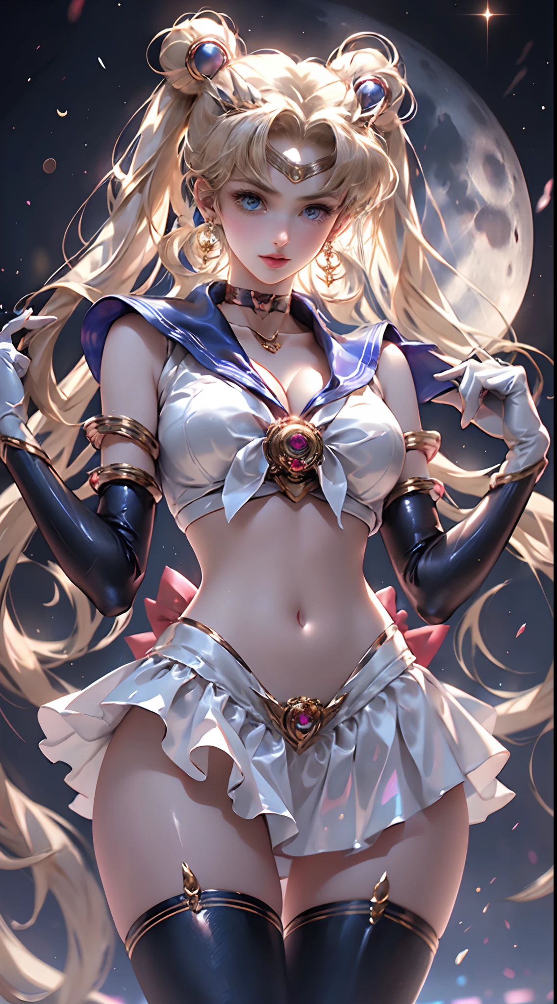 masutepiece, full: 1.3, to stand, 8K, 。.3D, Realistic, Ultra Micro Photography, of the highest quality, Wallpapers with extreme details CG Unity 8K, From below, Intricate details,highly dramatic picture,  Dynamic Angle,  (NSFW:1.2),(1 female), 28 years old, (meishaonv,Sailor Moon,tiarra, Sailor Senshi Uniform Sailor: 1.2, Sailor Moon: 1.2), Incredibly long bright twin-tailed blonde, Thin and very long straight twin tail blonde, Hair bun, Red round hair ornament in a hair bun, Sailor Senshi Uniform, Colossal tits, (Silver-blue color, blue sailor collar, Silver-blue pre-gate ultra mini skirt: 1.3,Pants are visible,Super High Leg Swimsuit,  very large red bow on the chest,,,: 1.3, Long white latex gloves: 1.3, Red gloves on the elbows, very large red bow behind the waist,,: 1.1, cleavage looks bigger:1.2, a golden tiara, earrings), (Face Details: 1.5, Bright blue eyes, Beautiful face, Beautiful eyes, shiny eyes, thin lips: 1.5, thin and sharp pale eyebrows, long dark eyelashes, Double eyelashes), Luxurious Golden Jewelry, Thin, thin and muscular,,,, a small face, Perfect proportions, thin waist, SEXY Model Pose,fighting stance, Visible Pore, Seductive smile, Perfect hands: 1.5, Very thin and fitting high gloss silver-white holographic leather, Octane Rendering, Strong natural light, Sunlight, exquisite lighting and shadow,Digital SLR, Sharp Focus: 1.0, Maximum clarity and sharpness, (Space background,Moon, dynamic background, Detailed background),(Rabbit, Double bun, Twin-tailed, Parted bangs, circlet, Jewelry, earrings, Choker, Red bow, White Gloves, elbow groves, Blue skirt
),nffsw