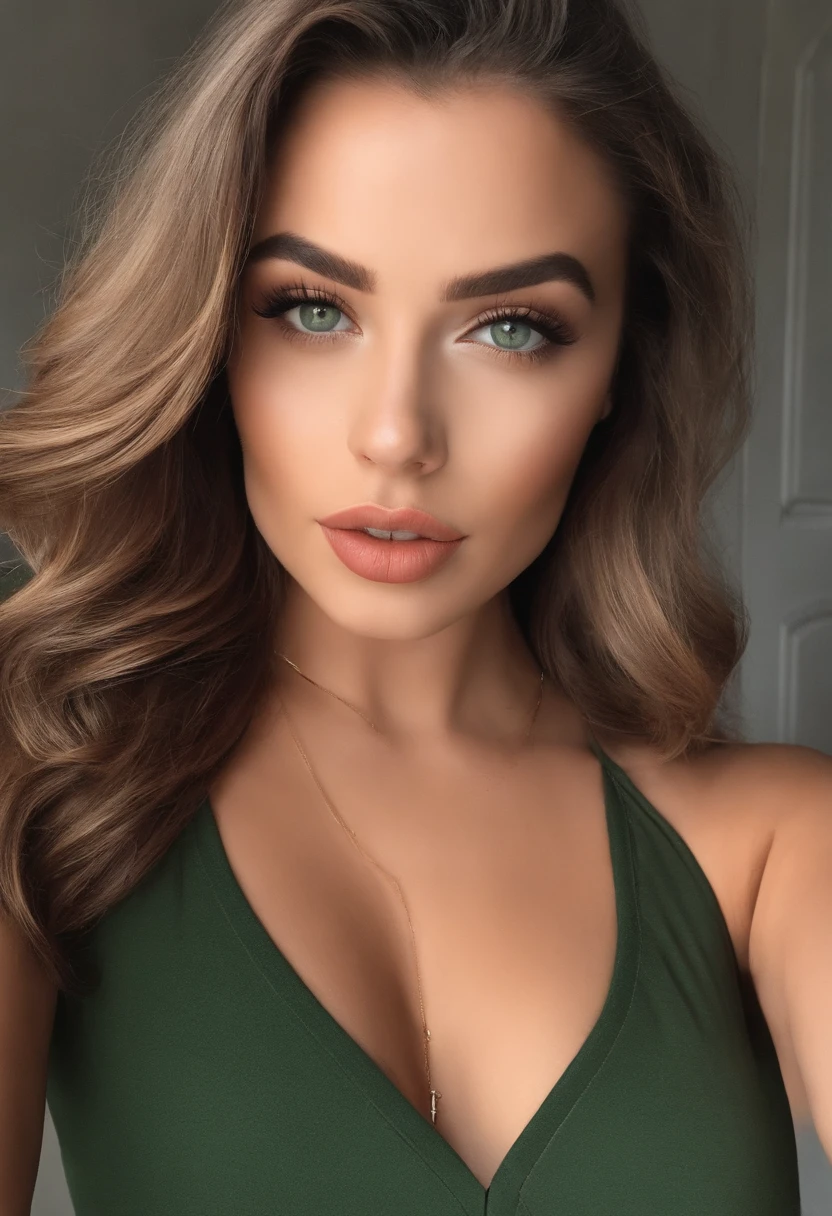 25 year old girl with wawer made waves ((long hair)), freckles, green eyes and brown hair Beautiful realistic , a 25 year old beautiful girl, brunette hair, (((bright green eyes))), youthful, big lips, small nose, thick eyebrows, round youthful cheeks, long hair, tanned skin, ((((purple color top with big breasts)))