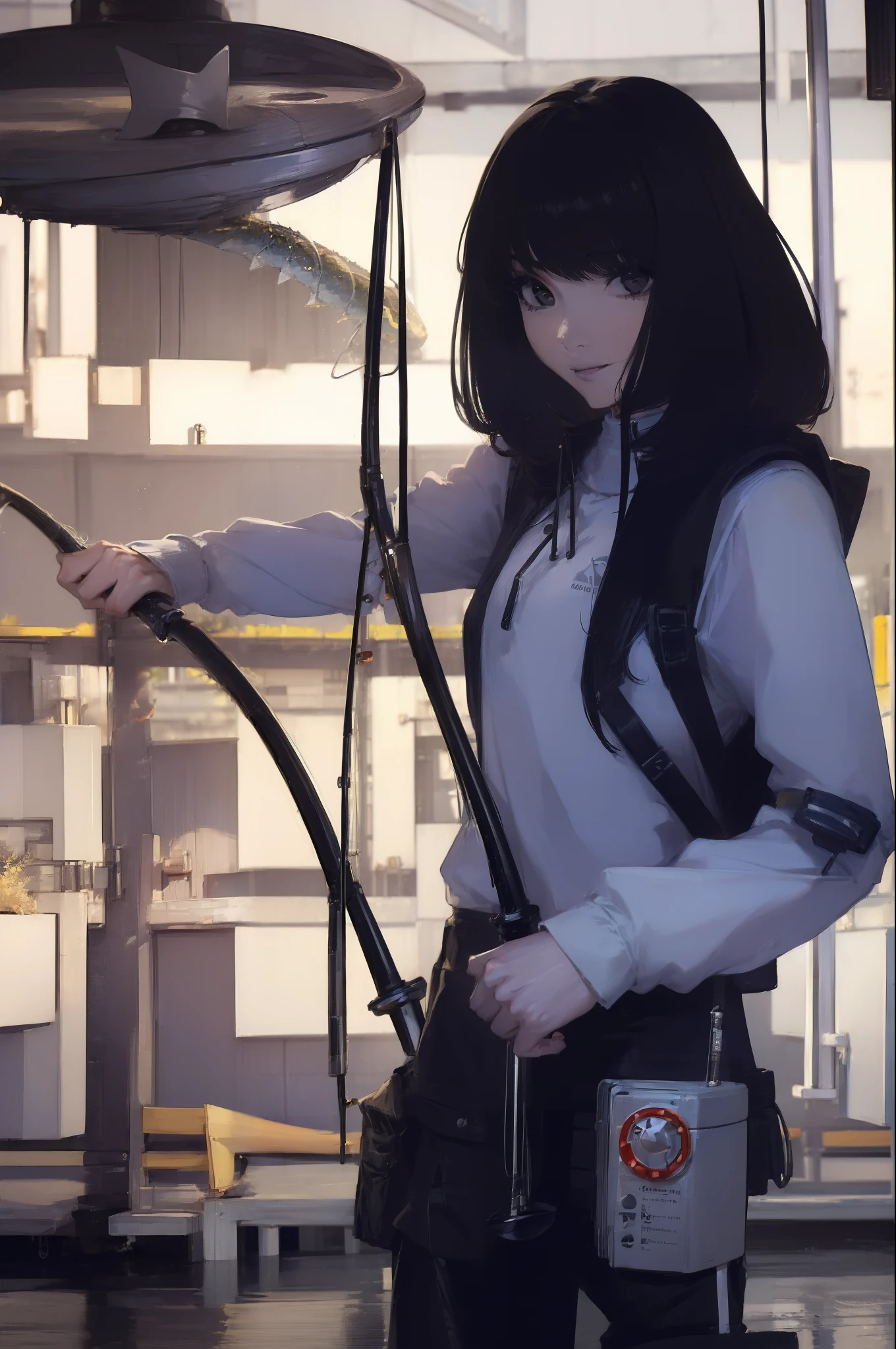 ((((Have a fishing rod with a reel:1.5)))),((Female 28 years old)),((Best Quality:1.5)),(((Fine fingers、Ratio 4 fingers and 1 thumb,detailed arms,detailed human hands))),(((Hands with the correct number and structure of fingers:1.4))),((Lakeside:1.37)),hight resolution,ultra-detailliert,masterpiece,best qualtiy,(Eight-headed body),(1 fishing rod,Holding a fishing rod in your hand,Fishing lure rod,Fishing Reel,with long sleeve hood,Outdoor Vest,parka,Long pants for fishing,Big backpack),thin and long legs,Beautiful hip line,Beautiful spine,constricted back,Toned waist,beutiful breast),,Gentle smile,shiny lip,(1 fishing rod,Straight stretch fishing rod,Long fishing rod,Woman fishing with fishing rod in hand),Black hair, long eyeslashes, Solid Circle Eyes, drop shadow, Atmospheric perspective,Super Detail, ccurate, small brest,top-quality, blurry backround, bokeh dof:1.2, (masterpiece:1.3), Atmospheric perspective,Super Detail,dynamic compositions, Ultra High Quality,