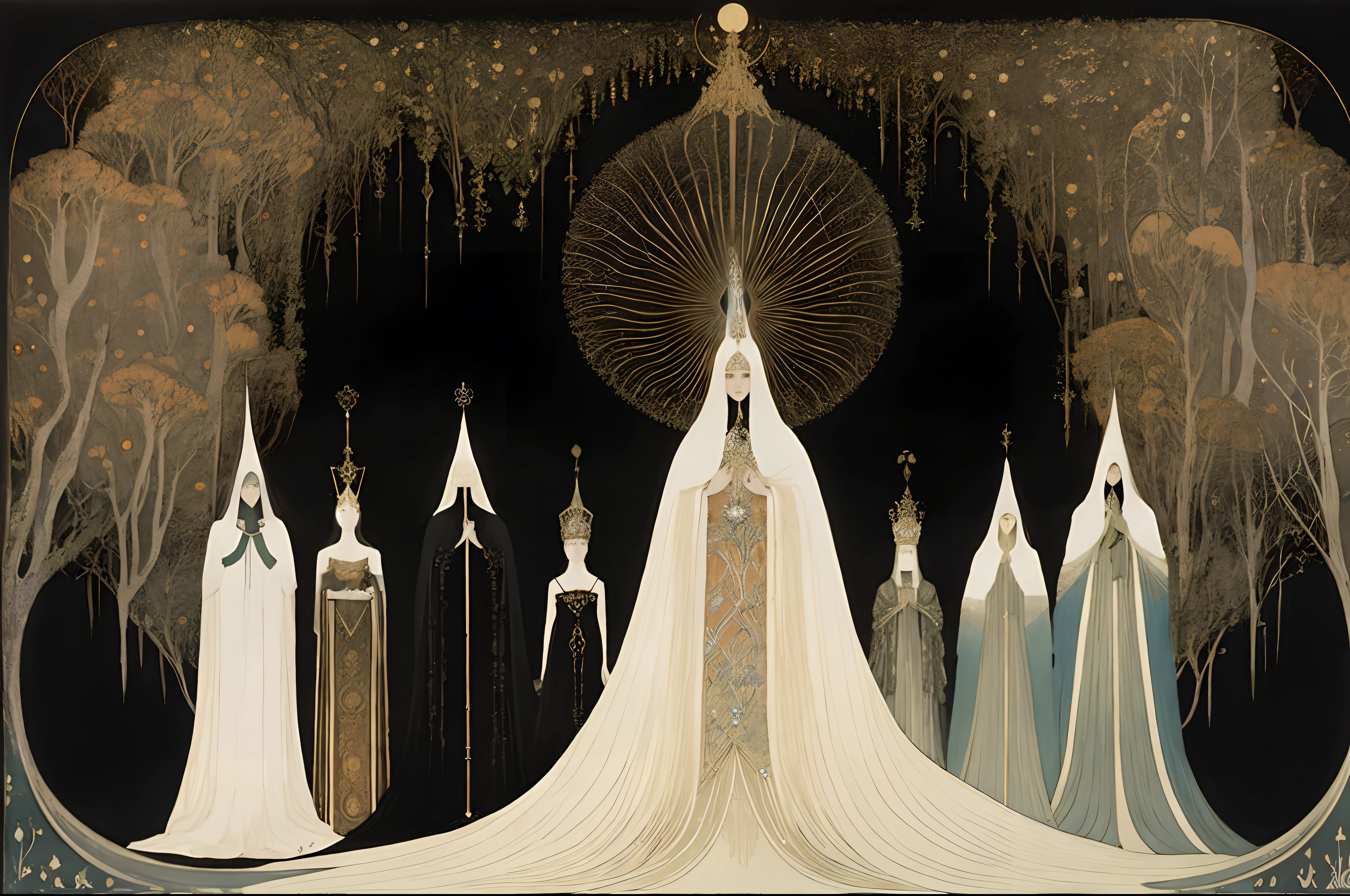 uma pintura de um grupo de pessoas vestidas de branco em frente a um fundo preto, Erte, Kay Nielsen e Wadim Kashin, Directed by: Kay Nielsen, inspirado em Kay Nielsen, arte de harry clarke, Ethereal Art Deco, Directed by: Frances MacDonald, Directed by: Bjørn Wiinblad, Directed by: Harry Clarke, Estilo de Carlos Schwabe, Directed by: John Bauer