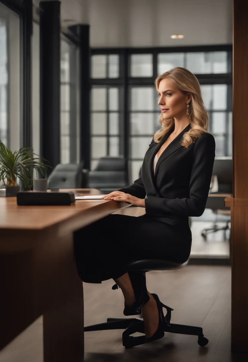 professional, (4k photo:1.1), high detail, wearing black business dress, beautiful detailed face, hazel eyes, not too long blonde hair, body shape, office board room with desk, barcelona views clearly distinguished