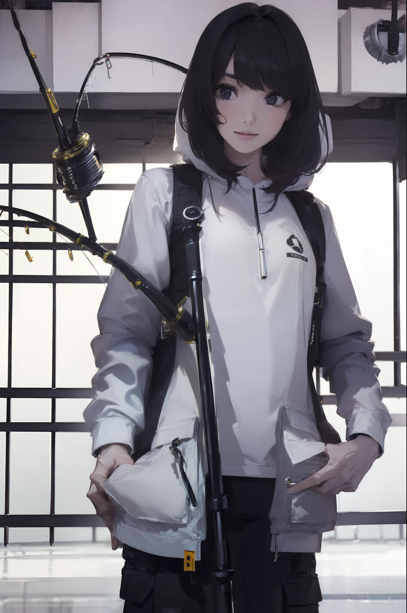 ((((Have a fishing rod with a reel:1.5)))),((Female 28 years old)),((Best Quality:1.5)),(((Fine fingers、Ratio 4 fingers and 1 thumb,detailed arms,detailed human hands))),(((Hands with the correct number and structure of fingers:1.4))),((Lakeside:1.37)),hight resolution,ultra-detailliert,masterpiece,best qualtiy,(Eight-headed body),(1 fishing rod,Holding a fishing rod in your hand,Fishing lure rod,Fishing Reel,with long sleeve hood,Outdoor Vest,parka,Long pants for fishing,Big backpack),thin and long legs,Beautiful hip line,Beautiful spine,constricted back,Toned waist,beutiful breast),,Gentle smile,shiny lip,(1 fishing rod,Straight stretch fishing rod,Long fishing rod,Woman fishing with fishing rod in hand),Black hair, long eyeslashes, Solid Circle Eyes, drop shadow, Atmospheric perspective,Super Detail, ccurate, small brest,top-quality, blurry backround, bokeh dof:1.2, (masterpiece:1.3), Atmospheric perspective,Super Detail,dynamic compositions, Ultra High Quality,