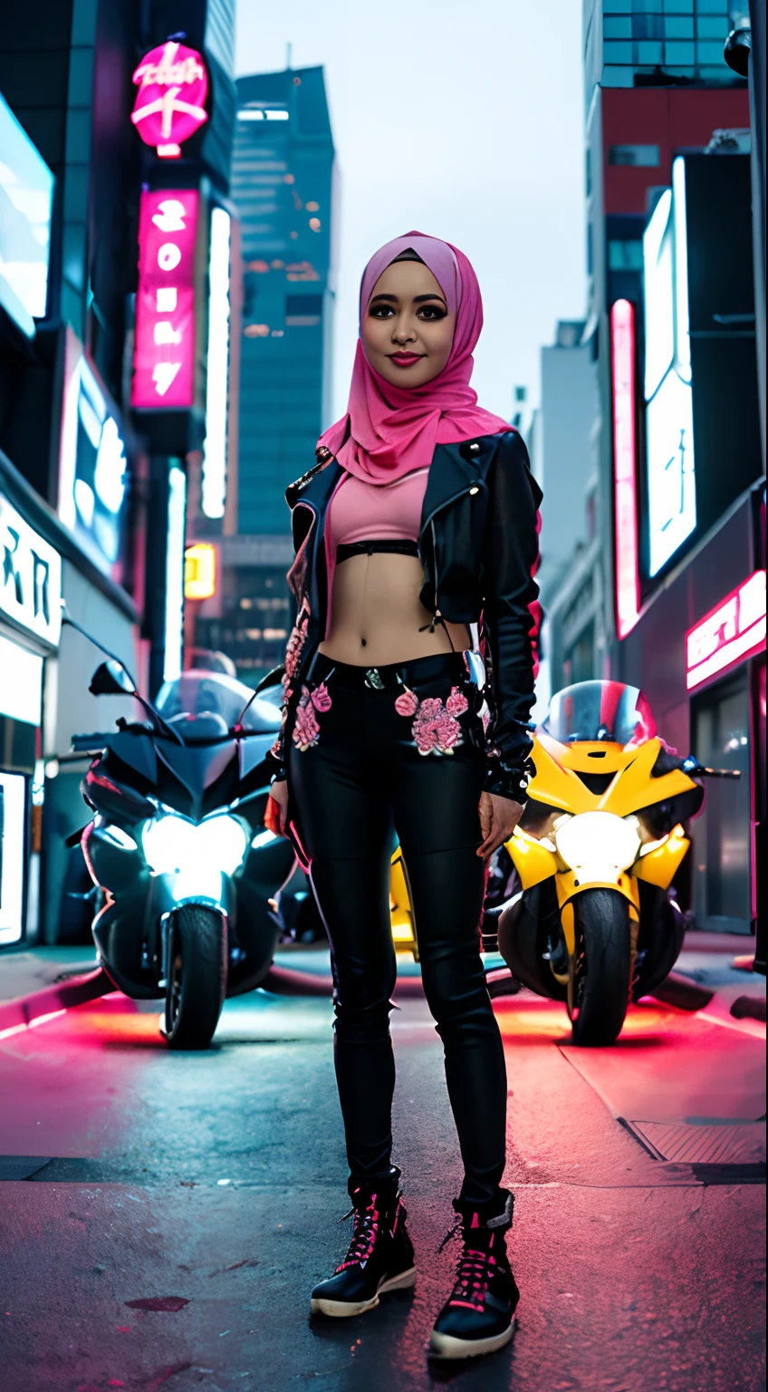 masterpiece, best quality, Confident cyberpunk malay girl in hijab, full body shot, ((standing in front of motorcycle)), Harajuku-inspired pop outfit, bold colors and patterns, eye-catching accessories, trendy and innovative hairstyle, vibrant makeup, Cyberpunk dazzling cityscape, skyscrapers, neon signs, LED lights, bright and vivid color scheme, anime, illustration, detailed skin texture, detailed cloth texture, beautiful detailed face, intricate details, ultra detailed.