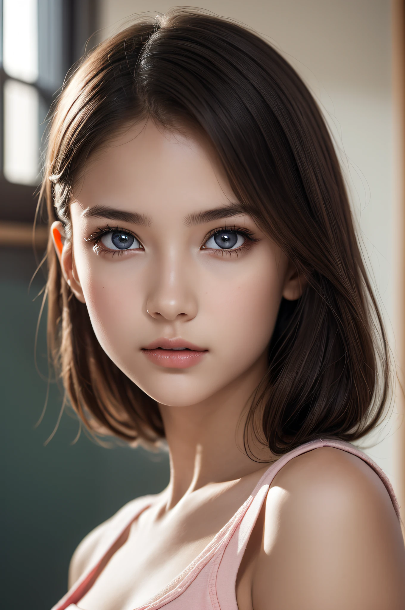 ((1girl in)), ((Best Quality)), (Ultra-detailed), (extremely detailed CG unified 8k wallpaper), Highly detailed, High-definition raw color photos, Professional Photography, Brown hair, Amazing face and eyes, Pink eyes, (amazingly beautiful girl), School, classroom,