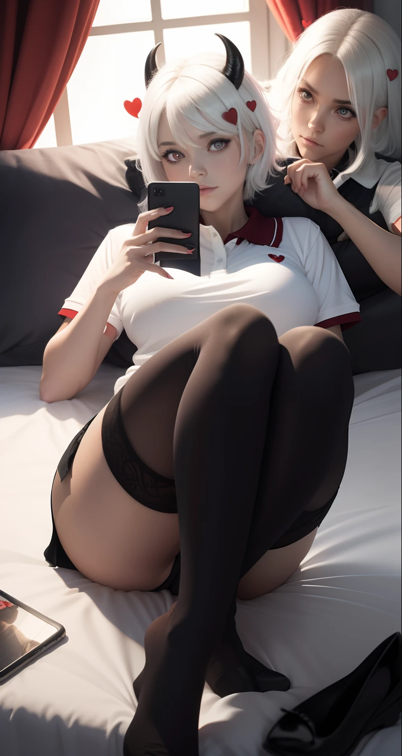 Masterpiece, (1 girl), Best Quality, Modeus (helltaker), (demon tail), ((red man's polo shirt too big)), panties, (red eyes), (((white hair))),((medium short hair)), trumpets, hearts, (heart-shaped pupils), black horns, pantyhose, black mid-calf stockings. just woke up, still lying in bed, talking with someone, lying down, holding cell phone with both hands, looking back, frontal pose, legs crossed, casual, comfortable, sitting on her bed