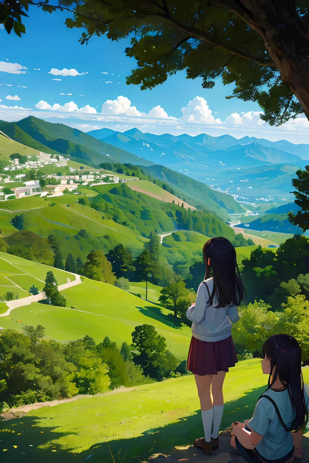 Anime scenery of two girls looking at a valley with a valley in the ...