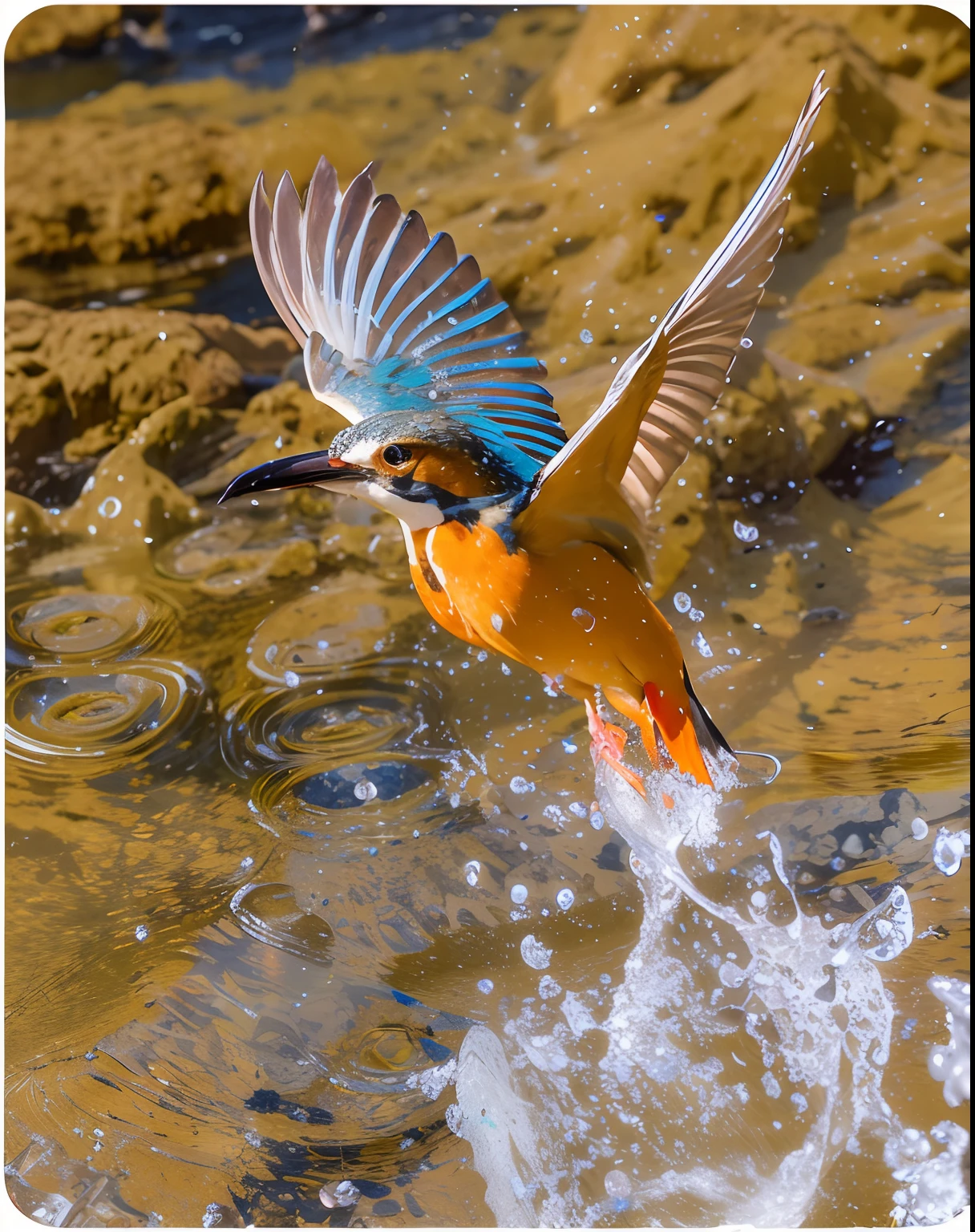 Allalin bird with blue wings and orange body splashing water, bird flying out of water, coming out of the water, Take off, leaping towards viewer, hovering in the air, He is struggling, High focused, In flight, hovering, horizontally leaping!!!, Dynamic!!, splash of color, * color splashes *, Winning Shots