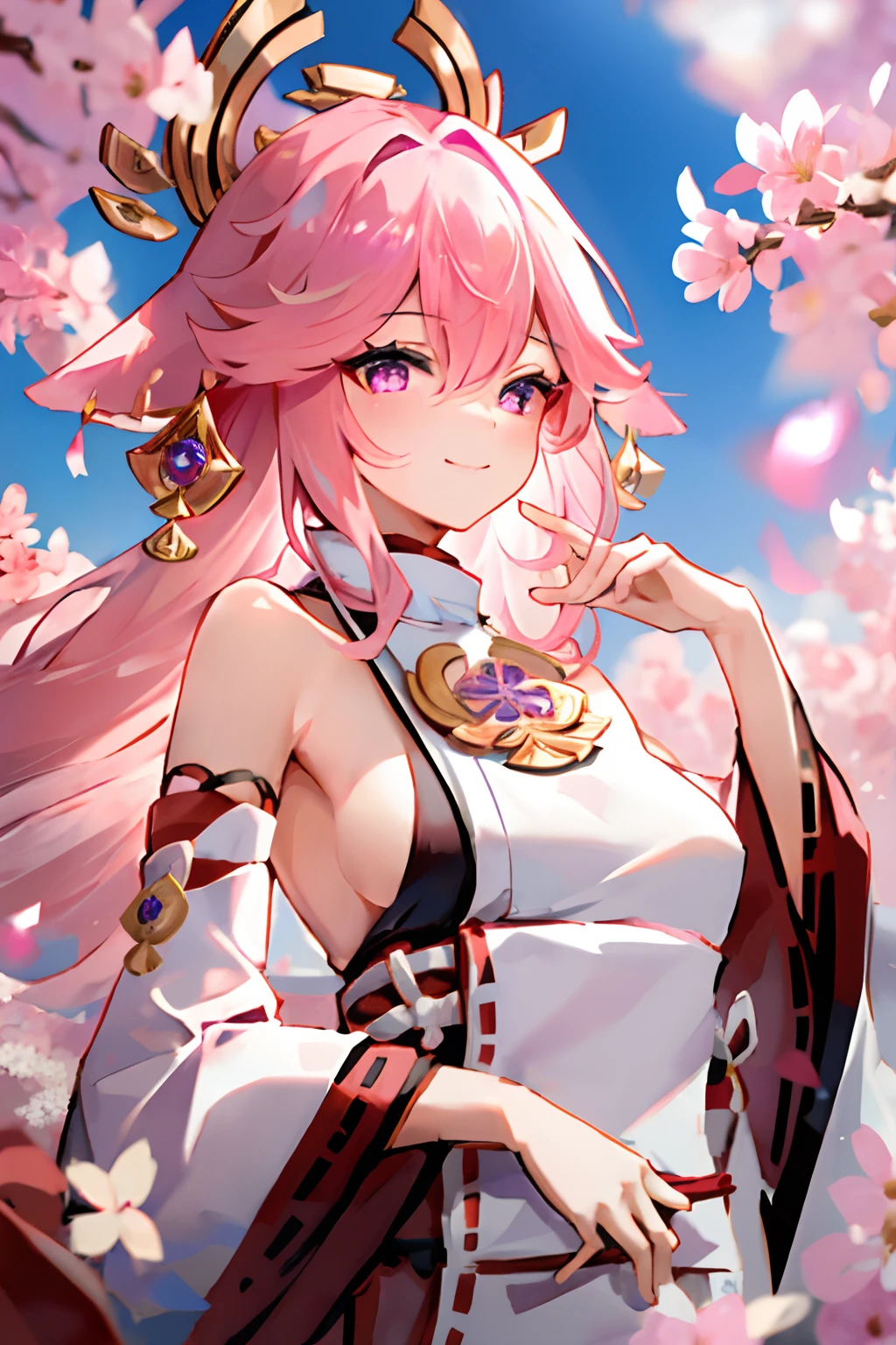yae miko, 1girl, \n/, animal ears, bare shoulders, blush, breasts, cherry blossoms, closed mouth, detached sleeves, earrings, flower, fox ears, gem, hair between eyes, hair ornament, hand up, japanese clothes, jewelry, kimono, long hair, looking at viewer, medium breasts, miko, nontraditional miko, pink eyes, pink flower, pink hair, purple gemstone, short kimono, sidelocks, smile, solo, upper body, white kimono, ((masterpiece))