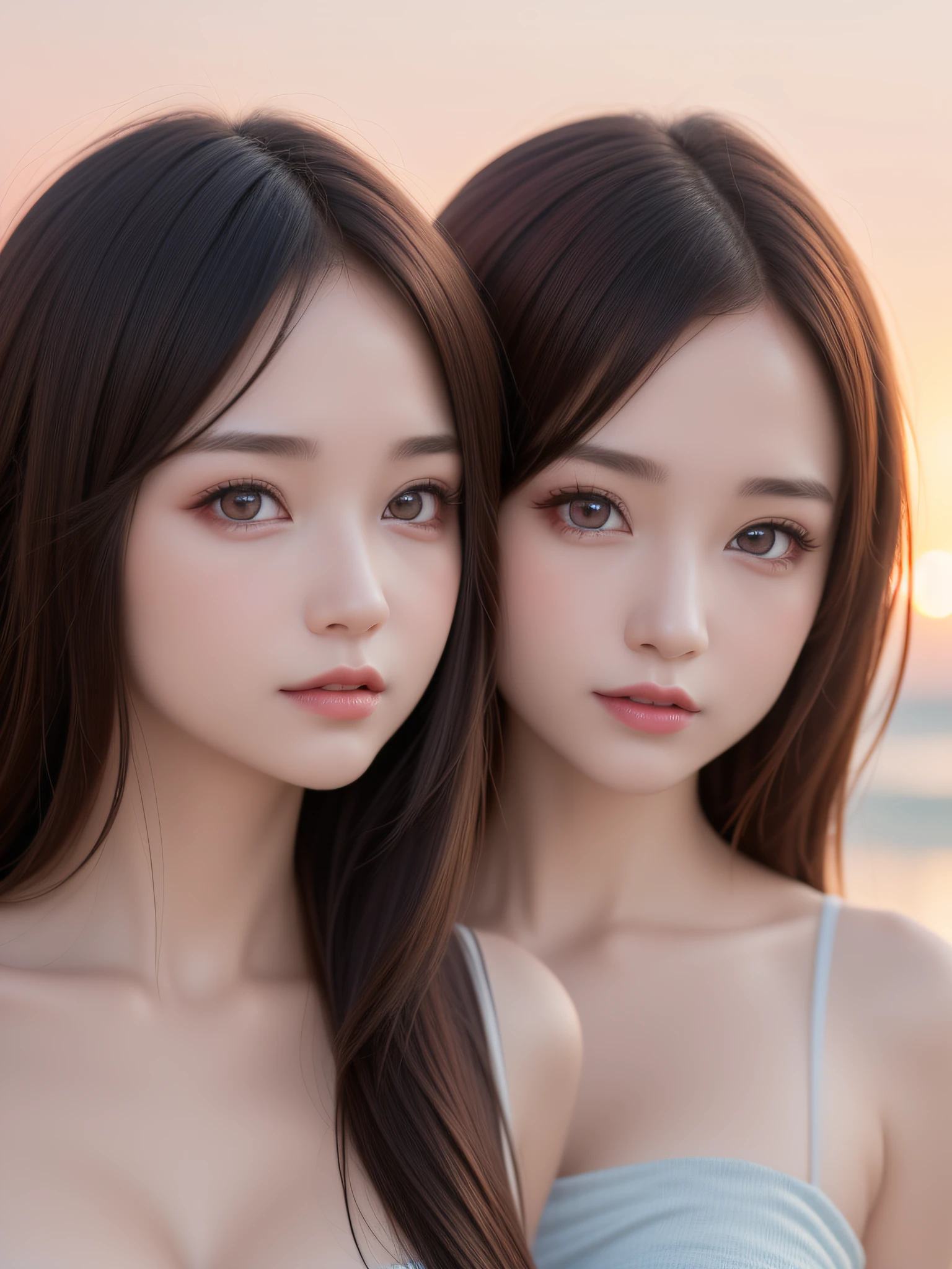 ((1young girls)), (extremely detailed beautiful face), Amazing face and eyes, (Best Quality:1.4), (Ultra-detailed), (extremely detailed CG unified 8k wallpaper), Highly detailed, High-definition raw color photos, Professional Photography, Amazing face and eyes, Pink eyes, Twin-tailed, Brown hair, Model, (((Bokeh))), depth of fields, Beach, Twilight, Sunset