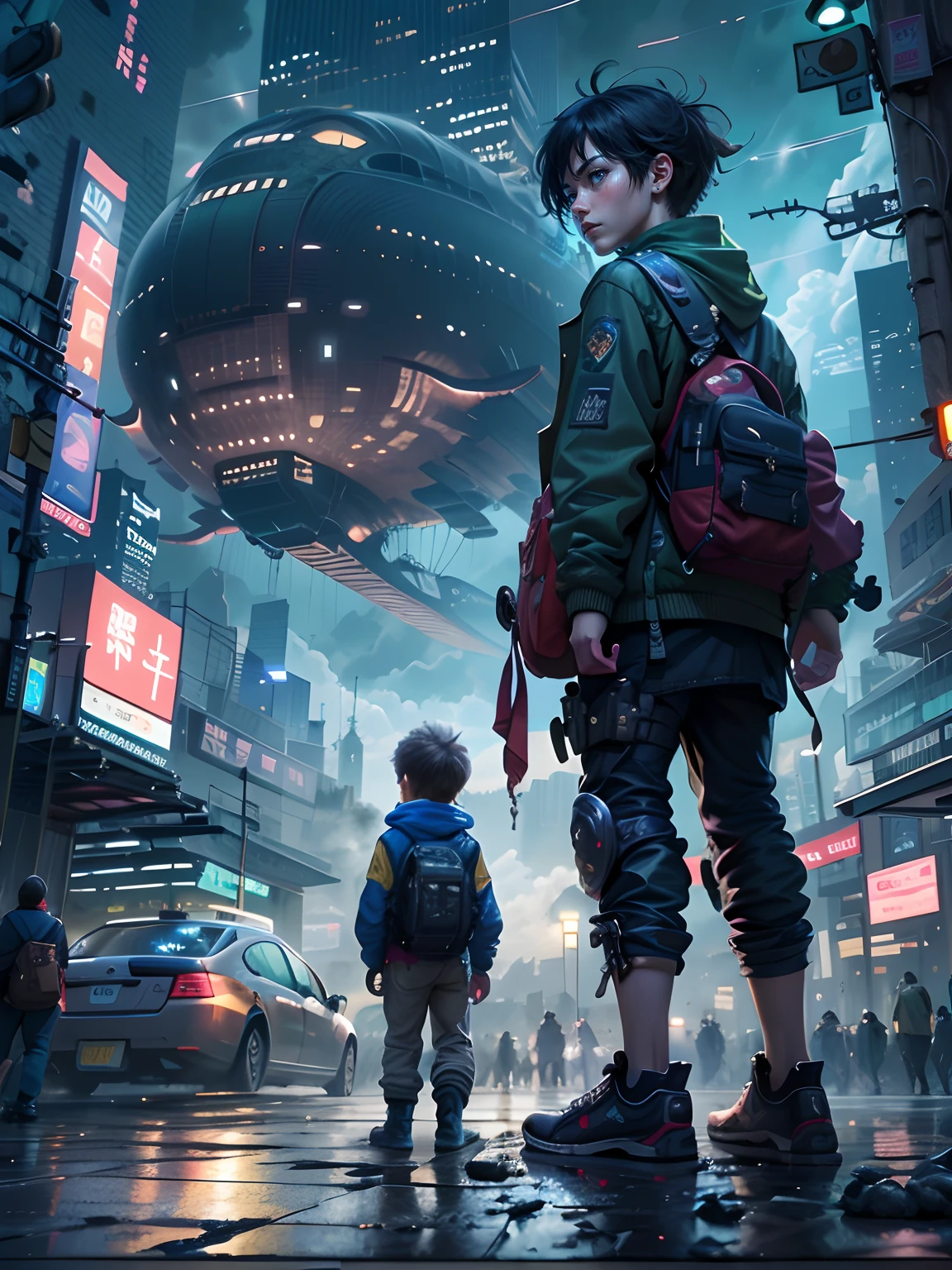 1boy,、Cyberpunk Boy、katanas,machine gun、Whole body bloody、The beginning of the adventure、Lots of clouds,heavy fog、starrysky、Moon,Chaotic city of the future、Movie dystopia、(Giant airship:1.5)、A group of very tall skyscrapers stands in the center、Very complex cityscape,Crowded Chinese skyscrapers、street signs、streetlights、taxis、buses、Train、Blue lighting,Dark road、puddles、Chaotic、Beautiful and fantastic scenery、Cinematic scenery、hightquality、masutepiece,in 8K、hight resolution、