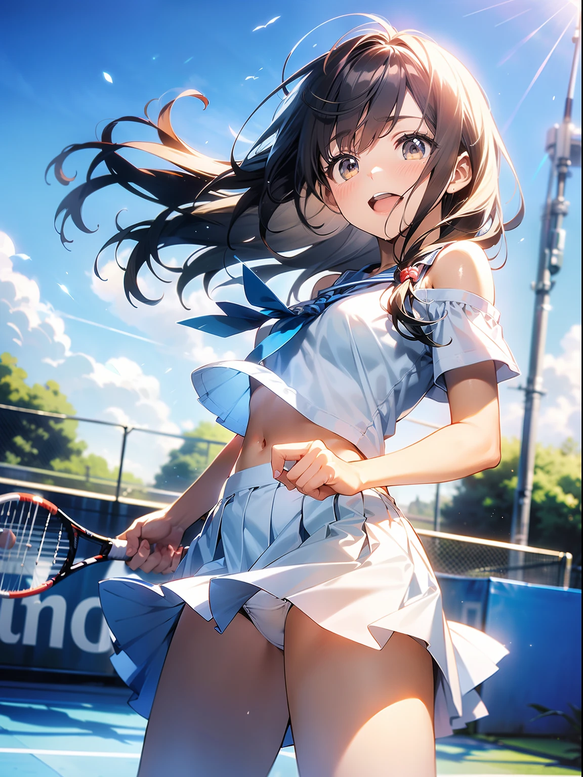 in 8K、top-quality、masterpiece、ultra-detailliert、Ultra-high resolution、Anime style、1 Girl、Tennis Wear、heavy wind、White pleated miniskirt、Skirt flipping in the wind、((Holding the flipping skirt with your hand))、(Impatient)