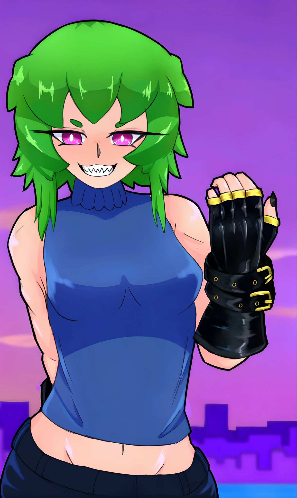 Una imagen de dibujos animados de una mujer con cabello verde y una blusa azul, in the art style of 8 0 s anime, Rogue anime girl, Chica monstruo de anime, inspirado por Rei Kamoi, con los brazos desnudos, Lucio como mujer, Estilo anime Jojo, epic anime style, Tatsumaki, glamorosa angewoman digimon, with index finger, holding a pudica pose