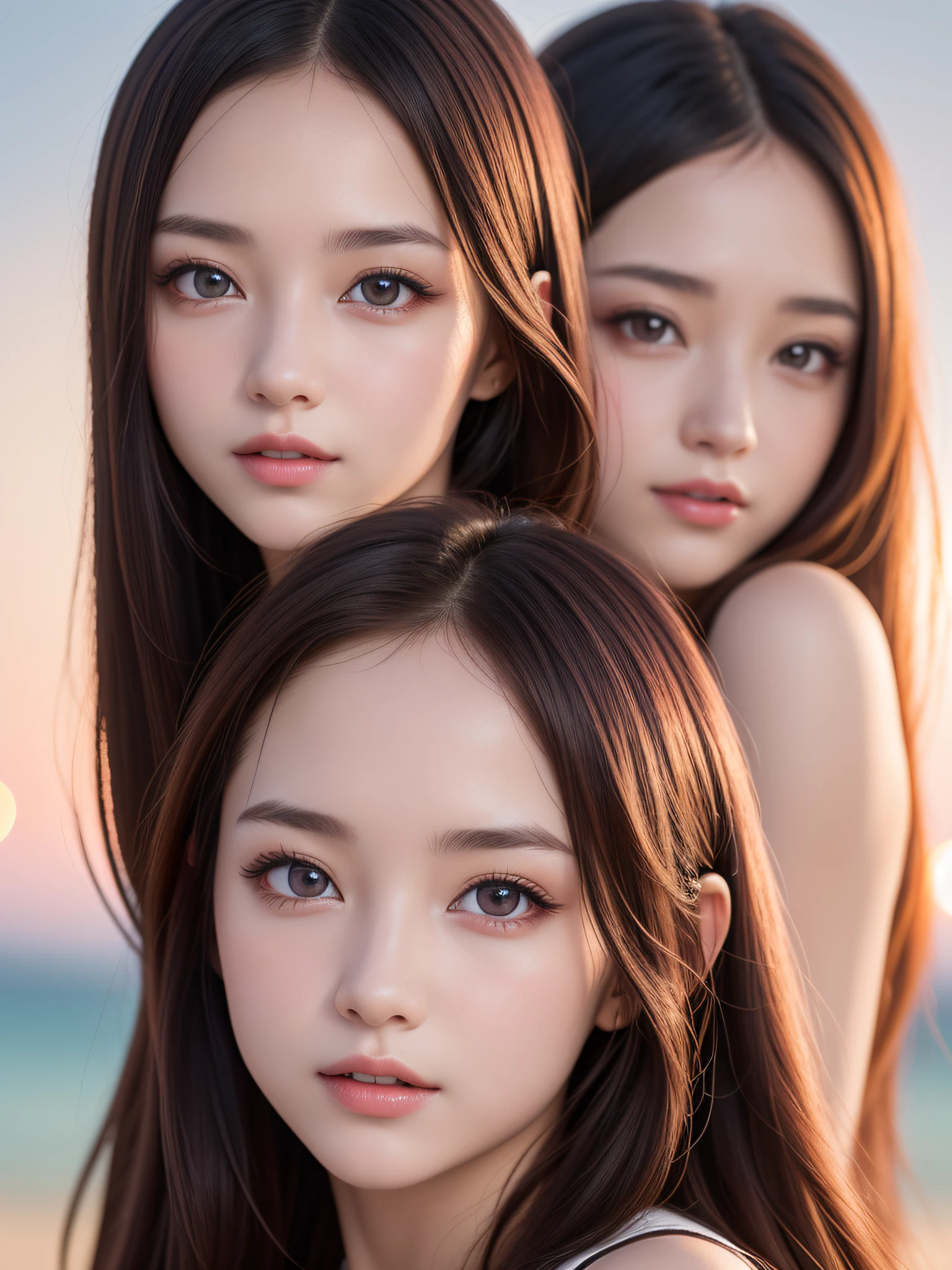 ((1young girls)), (extremely detailed beautiful face), Amazing face and eyes, (Best Quality:1.4), (Ultra-detailed), (extremely detailed CG unified 8k wallpaper), Highly detailed, High-definition raw color photos, Professional Photography, Amazing face and eyes, Pink eyes, Twin-tailed, Brown hair, Model, (((Bokeh))), depth of fields, Beach, Twilight, Sunset